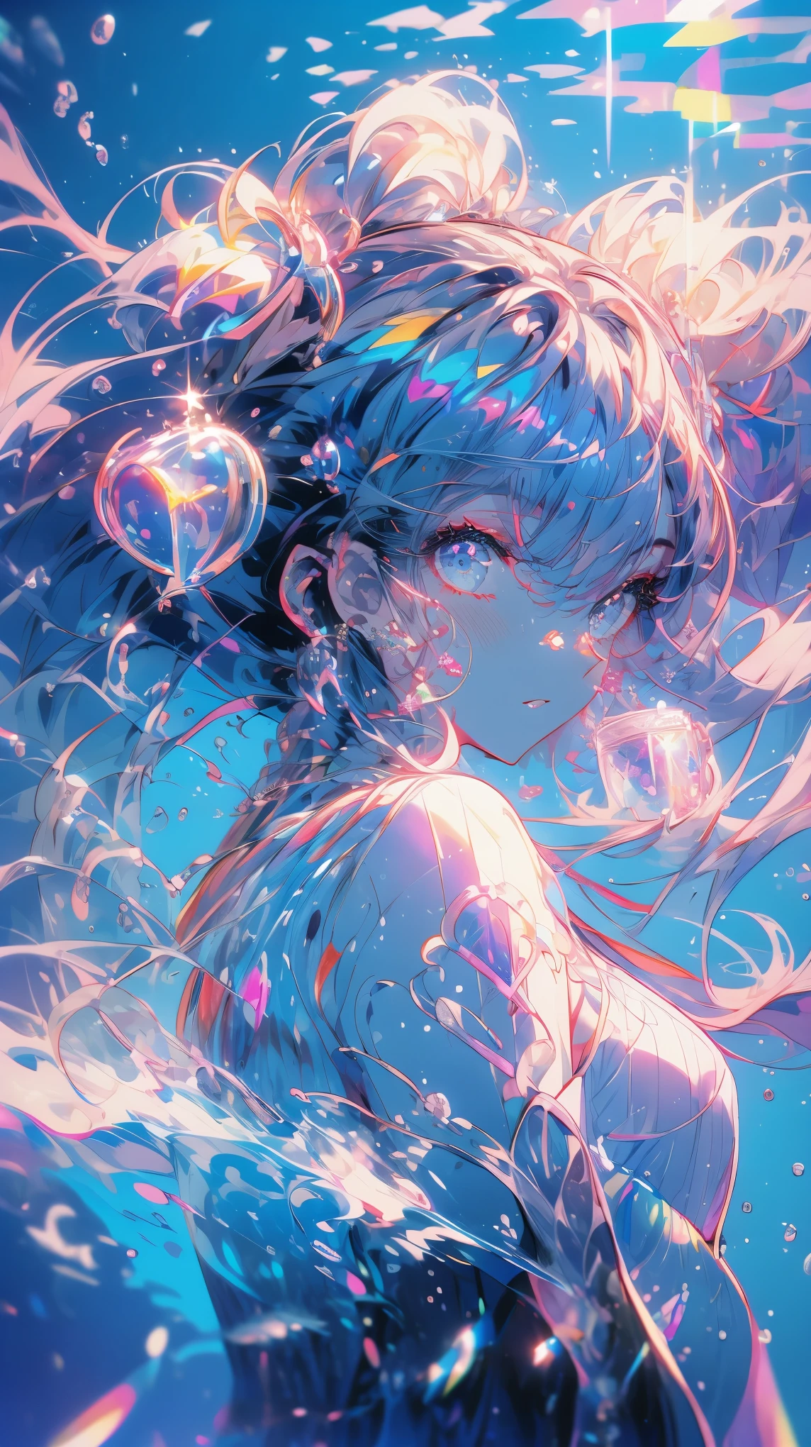 (masterpiece, 8K, top-quality), high detail, ultra-high resolution, 4K, twin tails, high school girl, vivid colored eyes, mysterious water,