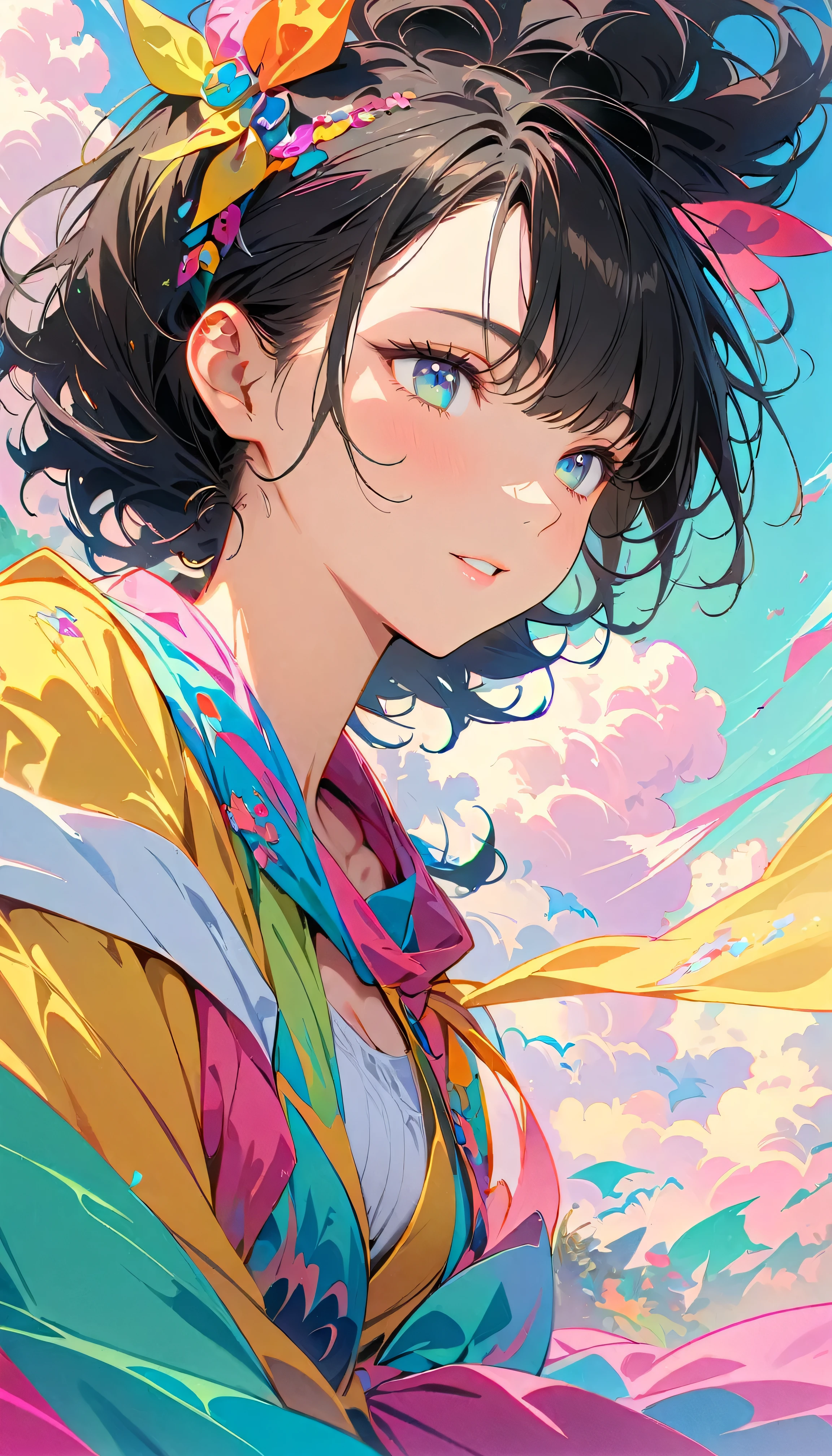 Best Quality, Very detailed, High resolution, Vibrant, masterpiece, Best Quality, Best aesthetics, One Woman, Super Fine, 8k, Very detailed, Beautiful Goddess, Pastel colored clouds, Pop Art, Delicate and dynamic, Pastel Color Fantasy, Black Hair, Official Art, Dynamic Angle