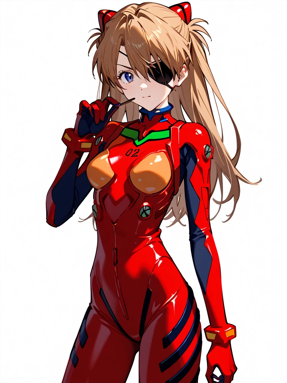 Pixiv 3dcg, Sexy anime style, Anatomically correct, Super detailed, High image quality, 4K、Bodysuits、Evangelion:3.0 (Eye patch)、White background、girl 1 person、Evangelion新劇場版、Hair accessories、赤Bodysuits、新世紀Evangelion、Soryu Asuka Langley、Simple Background、Clavicle cover、Plug Suit、Cowboy Shot、