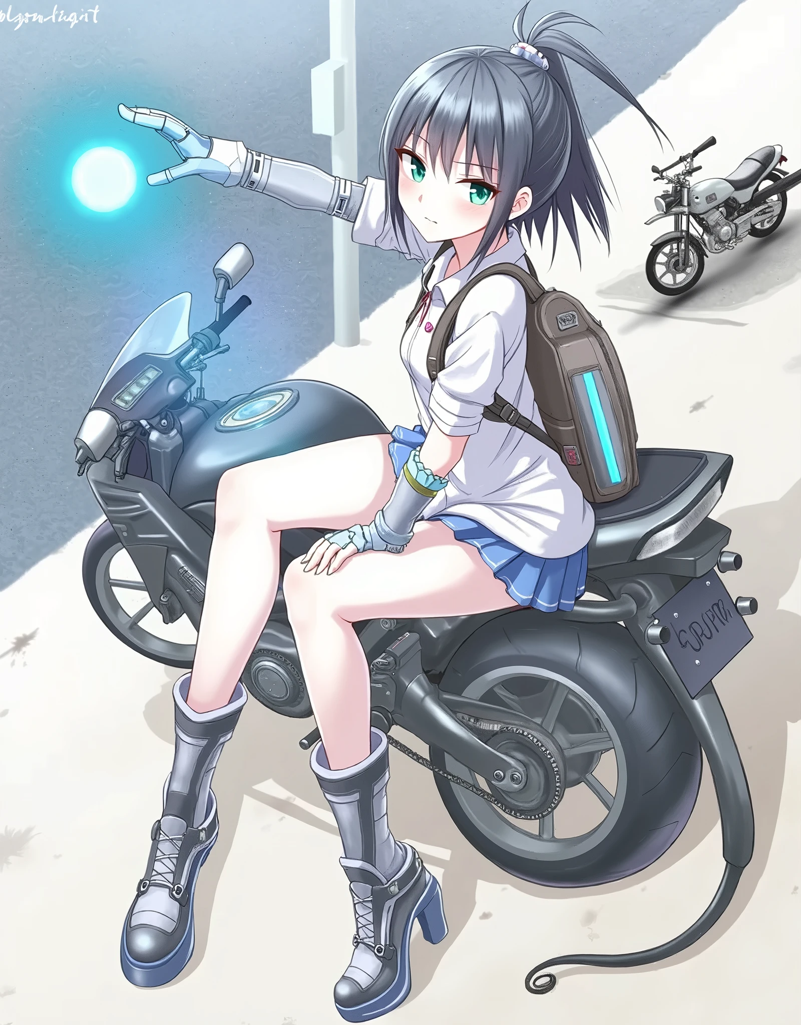  kaito, two-toned hair, blue hair, purple hair, purple eyes, scarf, necklace,, short hair., large breasts,, Riding a bike through the sky, solo nsfw  early morning、 nude nipple
