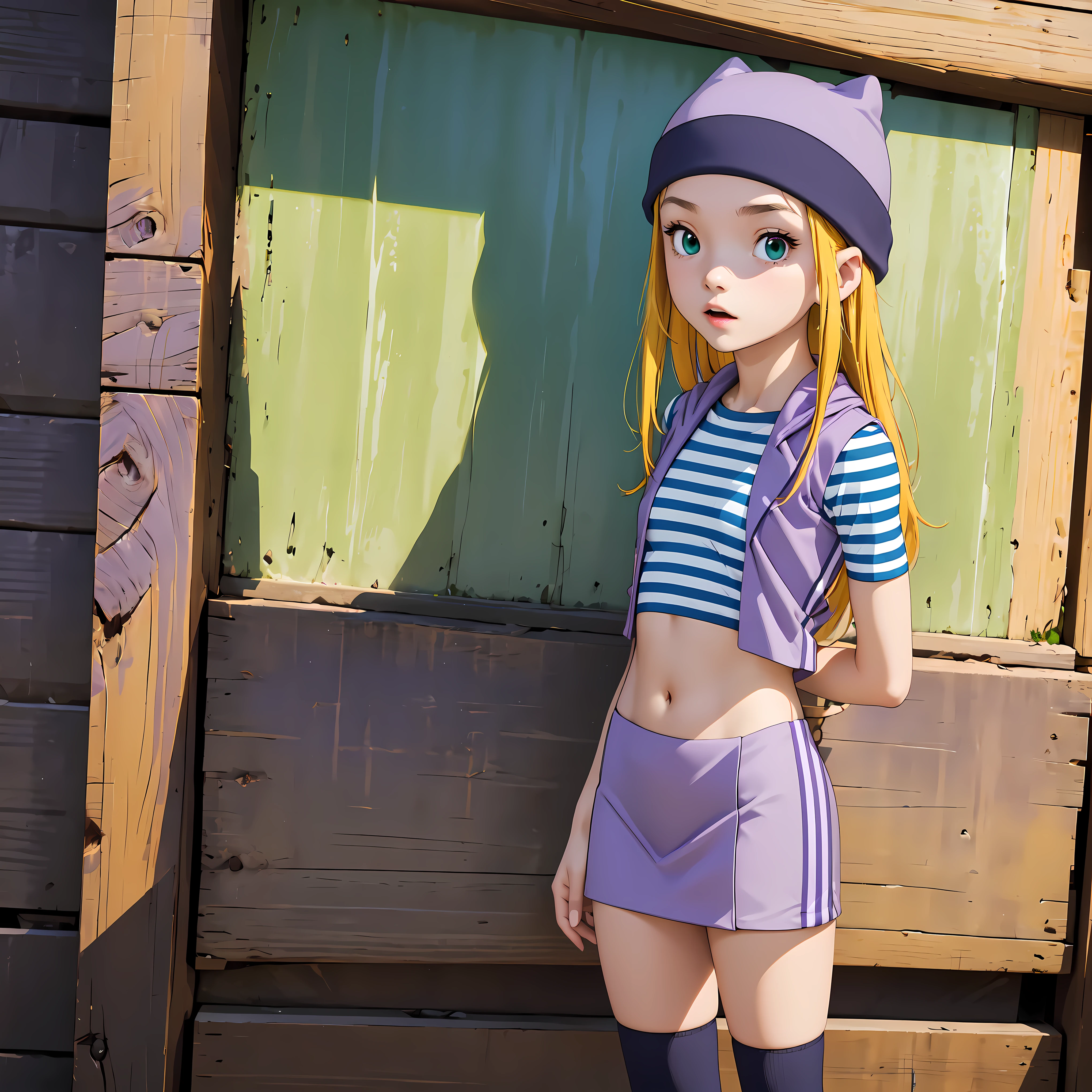 (masterpiece, best quality), 1girl, izumi Orimoto, outdoors, streets, green eyes, blonde hair, long hair, purple beanie, purple vest, purple miniskirt, blue white striped shirt, long purple socks, purple vest, striped shirt, navel shirt, medium size breast. standing, her back leaning against the wall
