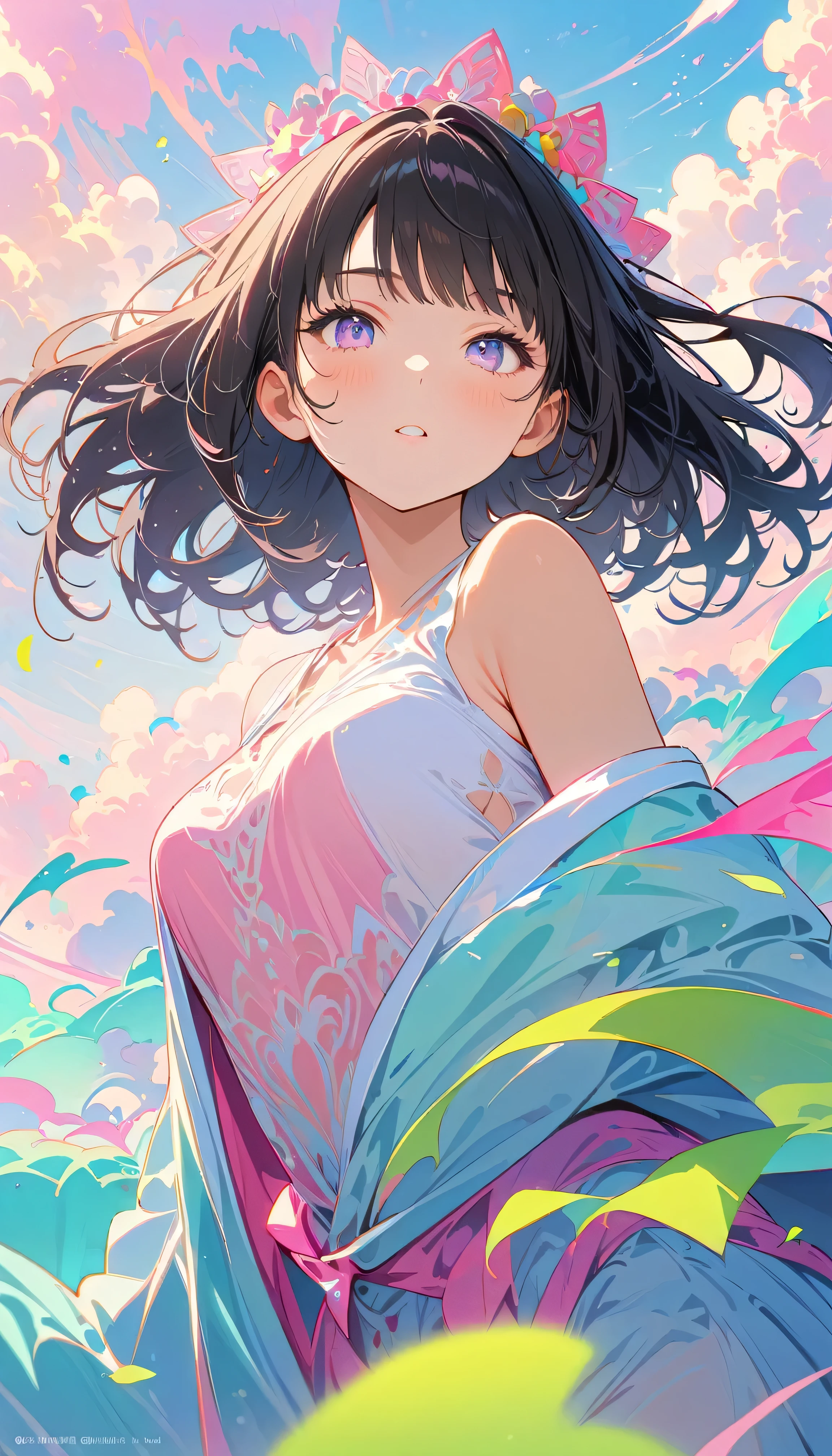 Best Quality, Very detailed, High resolution, Vibrant, masterpiece, Best Quality, Best aesthetics, One Woman, Super Fine, 8k, Very detailed, Beautiful Goddess, Pastel colored clouds, Pop Art, Delicate and dynamic, Pastel Color Fantasy, Black Hair, Official Art, Dynamic Angle