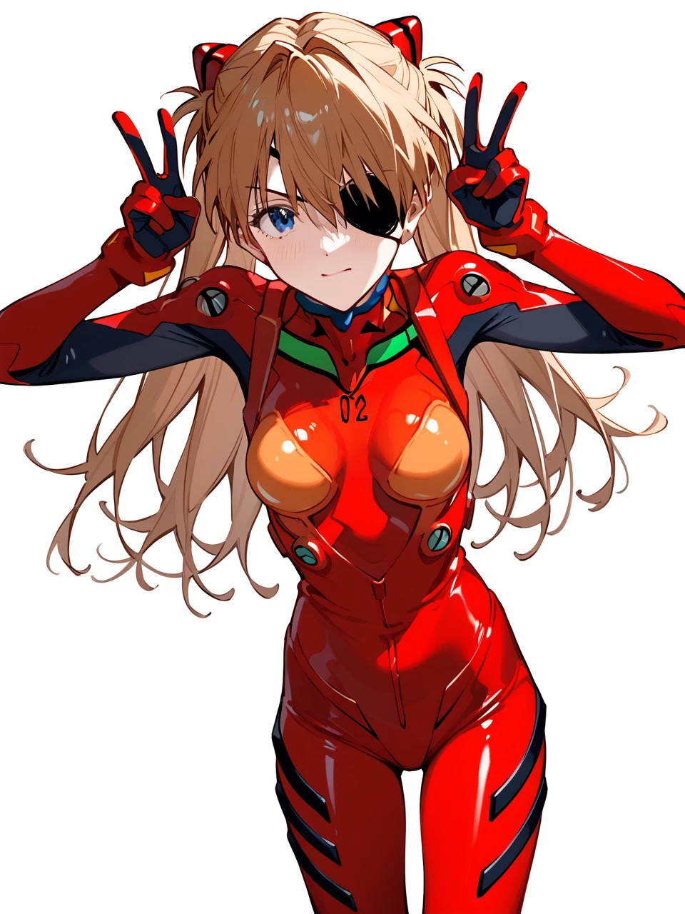 Pixiv 3dcg, Sexy anime style, Anatomically correct, Super detailed, High image quality, 4K、Bodysuits、Evangelion:3.0 (Eye patch)、White background、girl 1 person、Evangelion新劇場版、Hair accessories、赤Bodysuits、新世紀Evangelion、Soryu Asuka Langley、Simple Background、Clavicle cover、Plug Suit、Double Peace