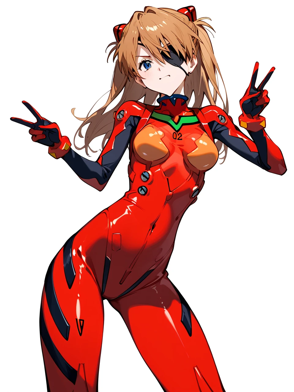 Pixiv 3dcg, Sexy anime style, Anatomically correct, Super detailed, High image quality, 4K、Bodysuits、Evangelion:3.0 (Eye patch)、White background、girl 1 person、Evangelion新劇場版、Hair accessories、赤Bodysuits、新世紀Evangelion、Soryu Asuka Langley、Simple Background、Clavicle cover、Plug Suit、Double Peace