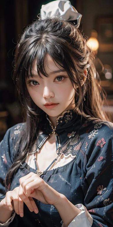 1girl, black chinese dress, chinese style hair, purple hair, 2 horns, red eyes, parted lips, masterpiece, ultra detailed