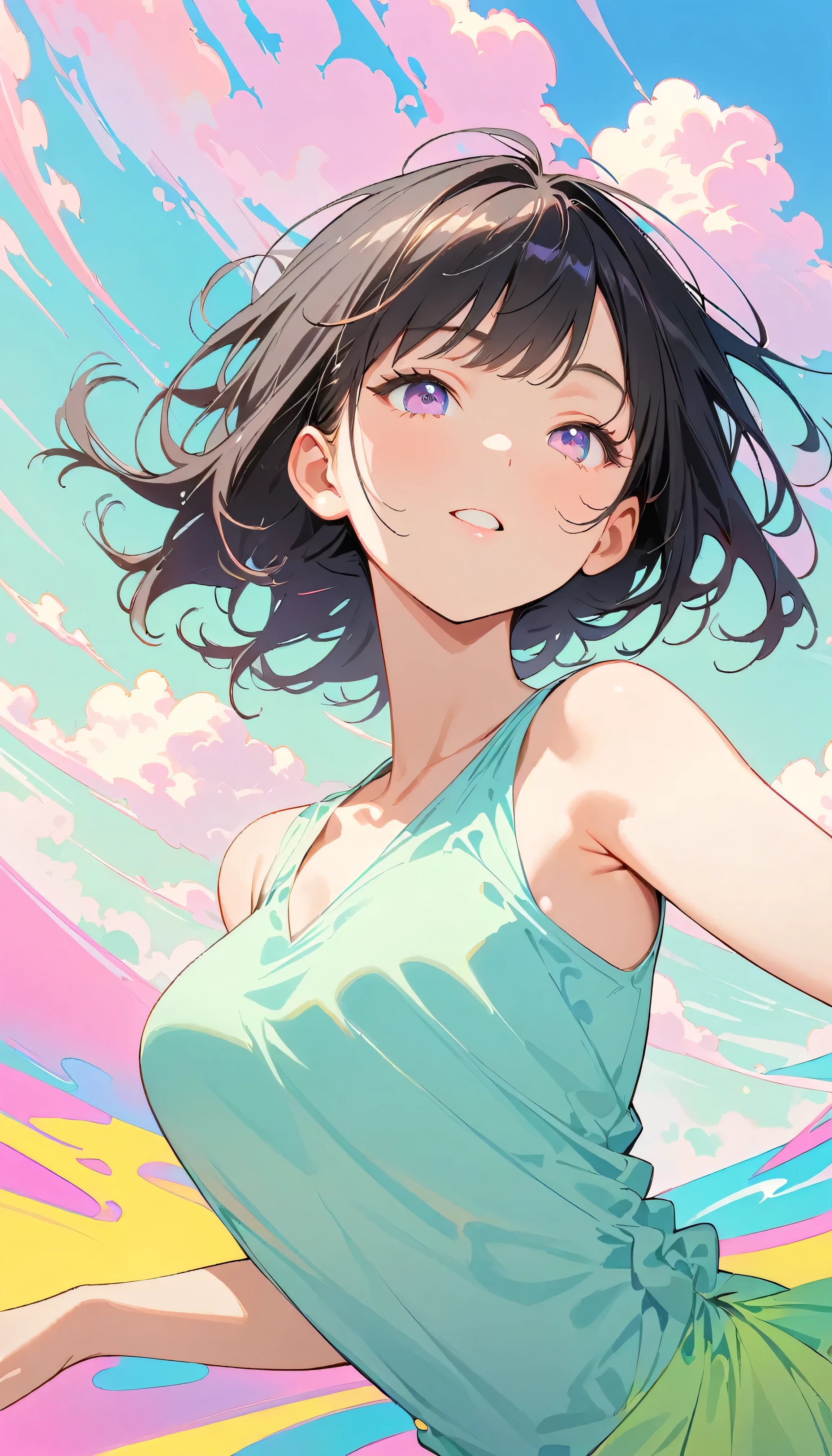 Best Quality, Very detailed, High resolution, Vibrant, masterpiece, Best Quality, Best aesthetics, One Woman, Super Fine, 8k, Very detailed, Beautiful Goddess, Pastel colored clouds, Pop Art, Delicate and dynamic, Pastel Color Fantasy, Black Hair, Official Art, Dynamic Angle