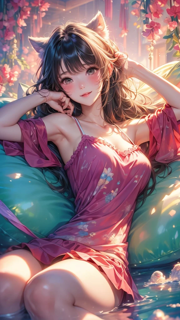 (full-body shot):1.2,(best quality,4k,8k,highres,masterpiece:1.2),ultra-detailed:1.2,(realistic,photorealistic,photo-realistic:1.37),cute girl,((enjoying a nap on a hammock)):1.2,in the shade of trees by the riverbank,soft sunlight filtering through the leaves,gentle breeze swaying the hammock,surrounded by blooming flowers,peaceful and serene atmosphere,crystal-clear river flowing gently in the background,cheerful and relaxed expression on the girl's face,sparkling eyes with long lashes,pink rosy cheeks,flowing hair dancing in the wind,dressed in a flowing summer dress,decorated with vibrant floral patterns,delicate details on the fabric and embroidery,subtle shadows emphasizing the contours of the girl's body,vivid colors creating a joyful and lively scene,dreamy and whimsical ambience,evoking a sense of tranquility and happiness,blissful escape from the bustling world,conveying a moment of pure joy and contentment.