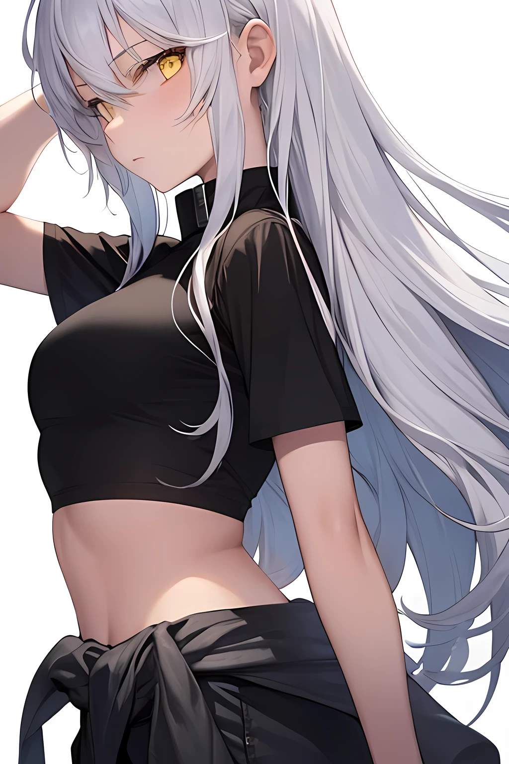 white long hair, (((soft skin))), (((delicate skin))), (pale skin:0.21), alone, solo, black sweater, navel, bare stomach, black shorts, bedroom, (((correct perspective))), purple eyes, jeans shorts
