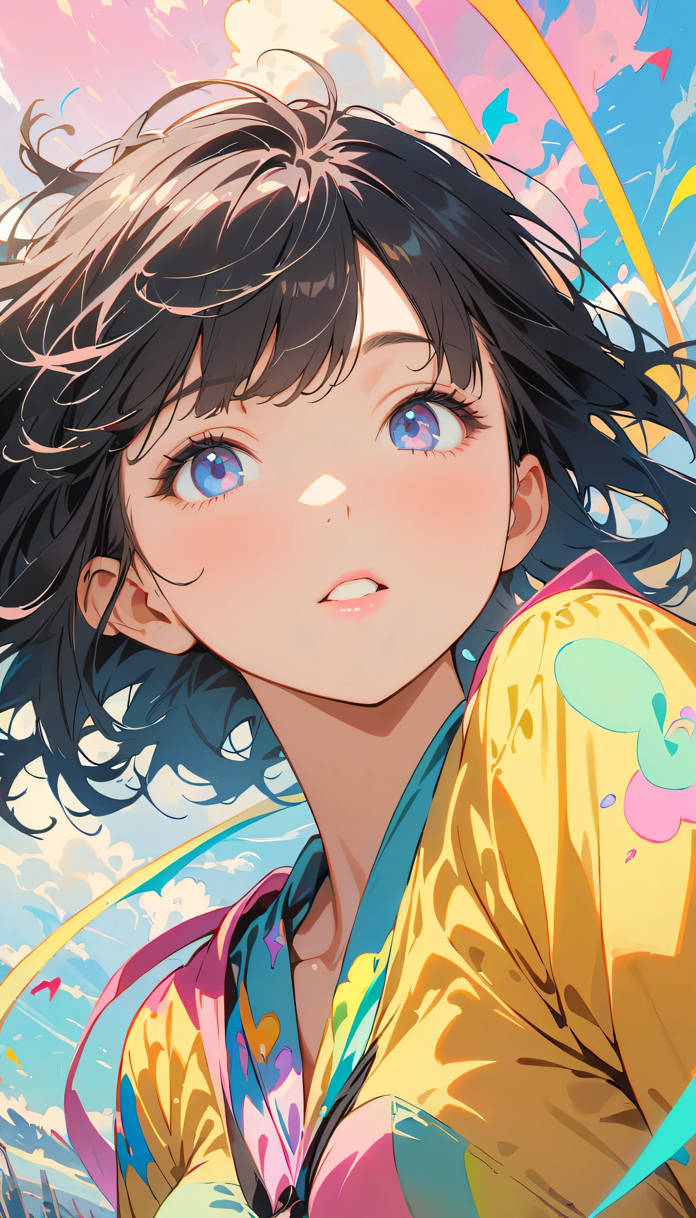Best Quality, Very detailed, High resolution, Vibrant, masterpiece, Best Quality, Best aesthetics, One Woman, Super Fine, 8k, Very detailed, Beautiful Goddess, Pastel colored clouds, Pop Art, Delicate and dynamic, Pastel Color Fantasy, Black Hair, Official Art, Dynamic Angle