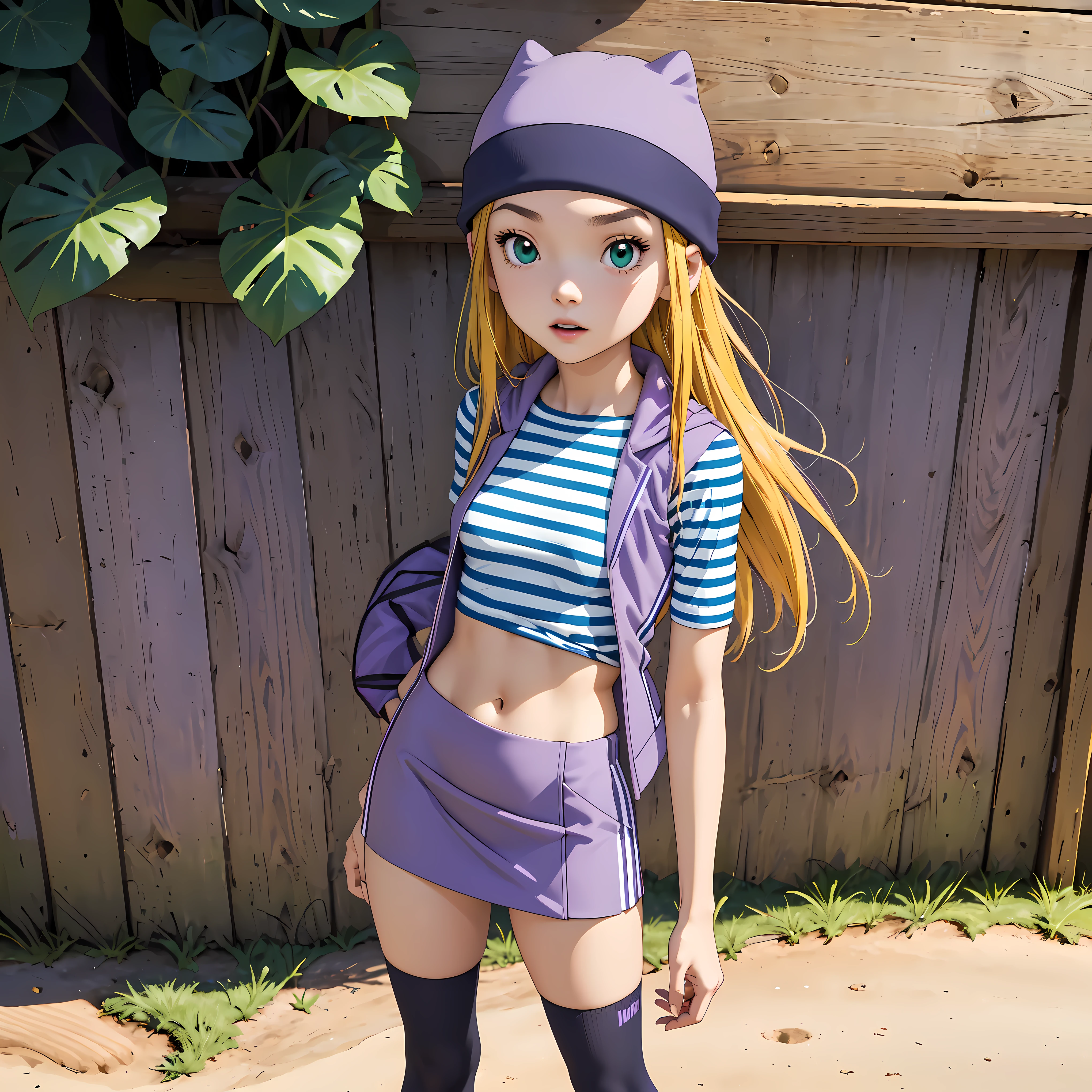 (masterpiece, best quality), 1girl, izumi Orimoto, outdoors, streets, green eyes, blonde hair, long hair, purple beanie, purple vest, purple miniskirt, blue white striped shirt, long purple socks, purple vest, striped shirt, navel shirt, medium size breast. standing, her back leaning against the wall, resting
