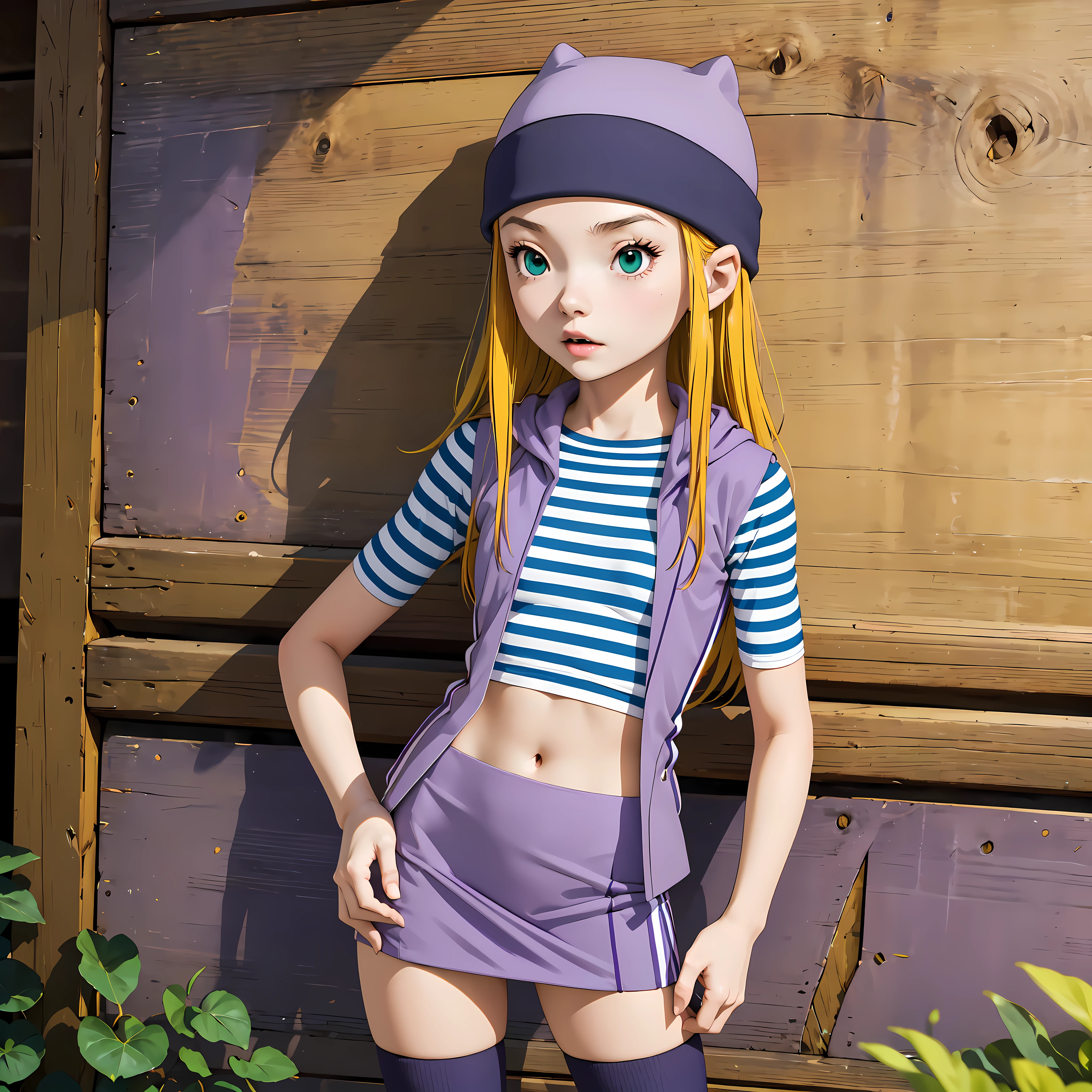 (masterpiece, best quality), 1girl, izumi Orimoto, outdoors, streets, green eyes, blonde hair, long hair, purple beanie, purple vest, purple miniskirt, blue white striped shirt, long purple socks, purple vest, striped shirt, navel shirt, medium size breast. standing, her back leaning against the wall, resting