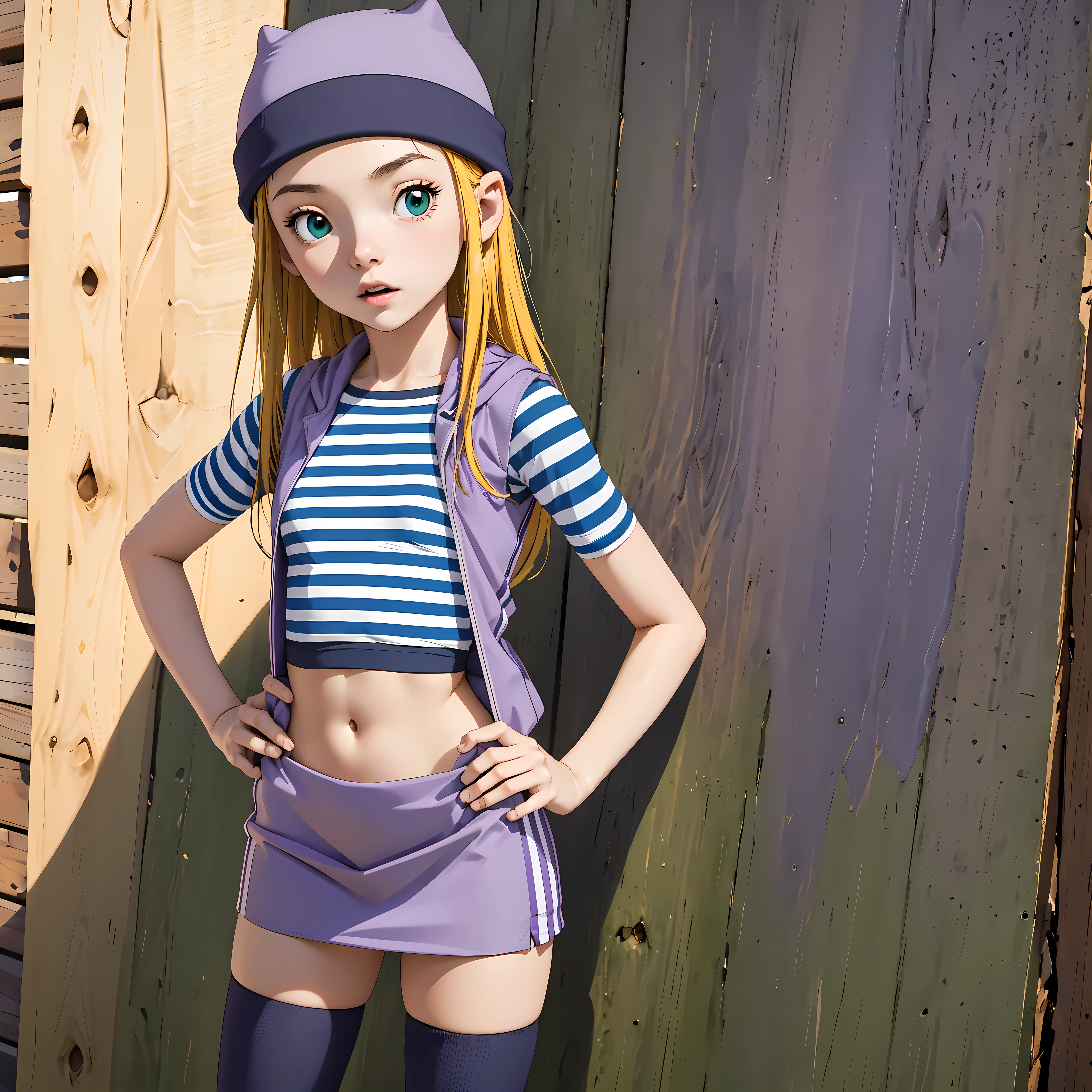 (masterpiece, best quality), 1girl, izumi Orimoto, outdoors, streets, green eyes, blonde hair, long hair, purple beanie, purple vest, purple miniskirt, blue white striped shirt, long purple socks, purple vest, striped shirt, navel shirt, medium size breast. standing, her back leaning against the wall, resting
