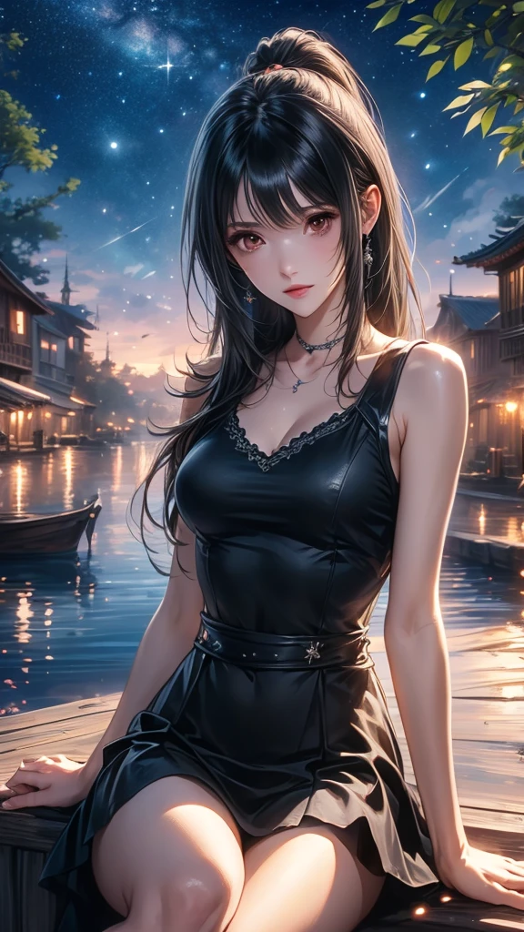 Tifa Lockhart, mksks style, (Very detailed background:1.0), (Very detailed background:1.0), Final Fantasy VII Remake, (Red Eyes), 1 Girl, Bare Shoulders, 水蓝色dress, Black hair, 绿色dress, sleeveless dress , dress, house, Long hair, night, night Sky, Open your mouth, outdoor, Ponytail, Sitting, Sky, sleeveless, sleeveless dress, Star (Sky), Starry Sky, village, senescence, Small chest, ((White ruffles)), (白色dress), 