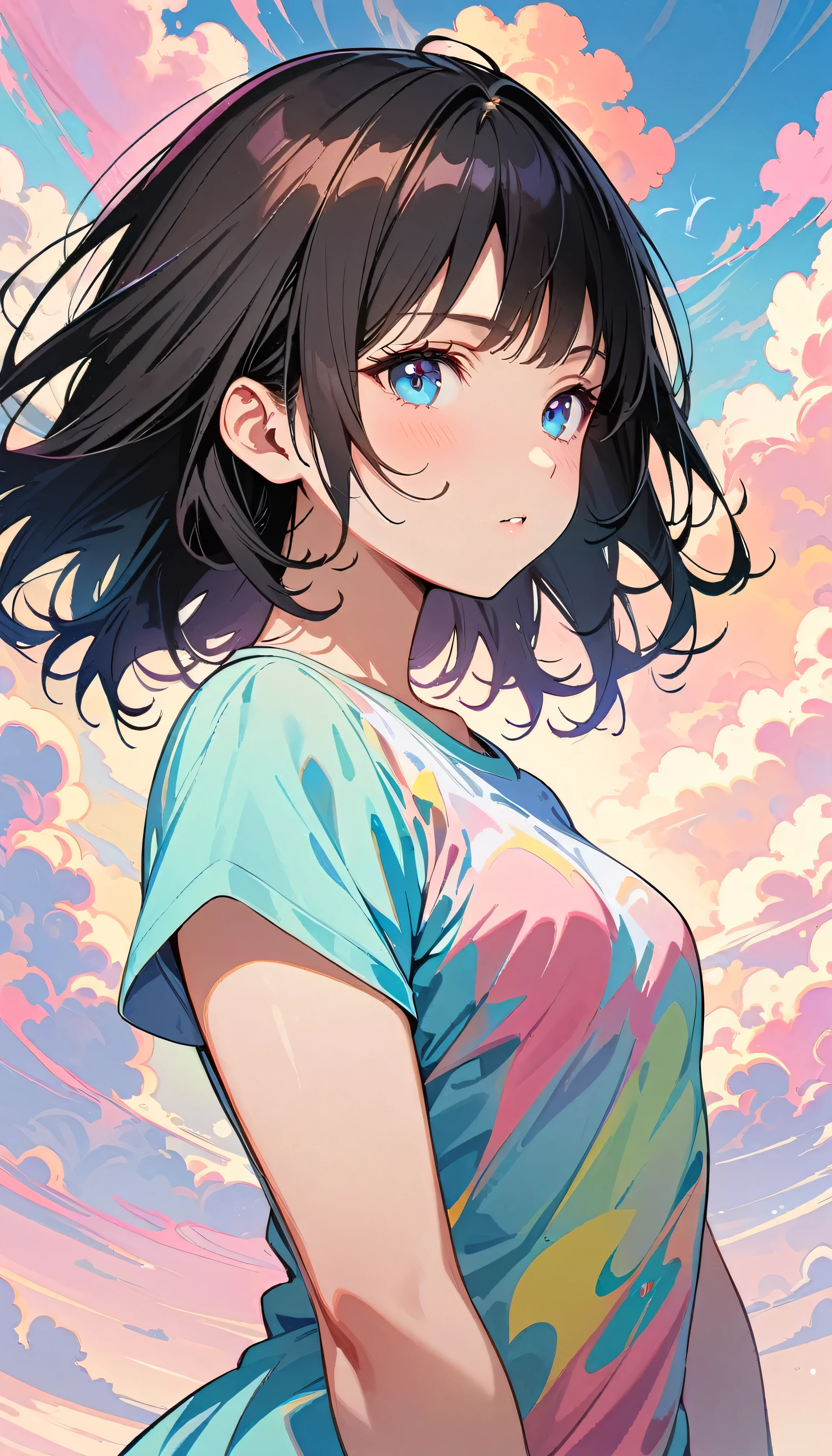 Best Quality, Very detailed, High resolution, Vibrant, masterpiece, Best Quality, Best aesthetics, One Woman, Super Fine, 8k, Very detailed, Beautiful Goddess, Pastel colored clouds, Pop Art, Delicate and dynamic, Pastel Color Fantasy, Black Hair, Official Art, Dynamic Angle, young, Small breasts