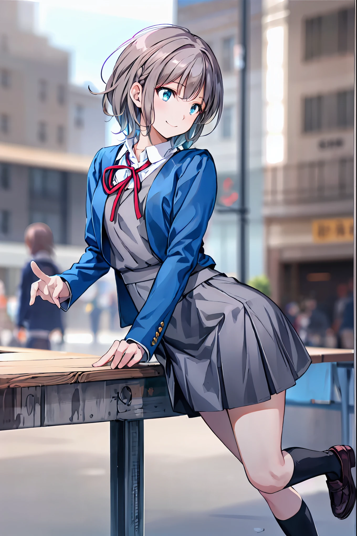 Brown Hair，Shortcuts，Messy Hair，Short braided hair，Neat，Slender beauty，A dignified posture，Small chest，Beautiful feet，Her captivating grey-blue eyes shine like stars，Vibrant colors,Beautiful Eyes,繊細なsmile,Textured Skin,The best品質を最高に,A kind and beautiful woman,Anime Style，(masterpiece:2.0), (The best品質:2.0), (High school girl wearing a miniskirt:1.5), (profile:1.5), (Sexy pose:1.5), (Red face:1.3), (Realistic:1.5), 1 , Precision small handle, Embarrassed look, smile, Very nice girl, Innocent face, Young Face, Clear Eyes, Shining Eyes, Small box, Beautiful Skin, ，Super Resolution, Highest resolution Japanese high school student, Blazer Uniform，Check skirt，Brown Hair，Shortcuts，Messy Hair，Short braided hair，Neat，Slender beauty，Dignified posture，Small breasts，Beautiful legs，彼女のHer captivating grey-blue eyes shine like stars，Vibrant colors,Beautiful Eyes,繊細なsmile,Textured Skin,The best品質、The best,A kind and beautiful woman,Anime Style､