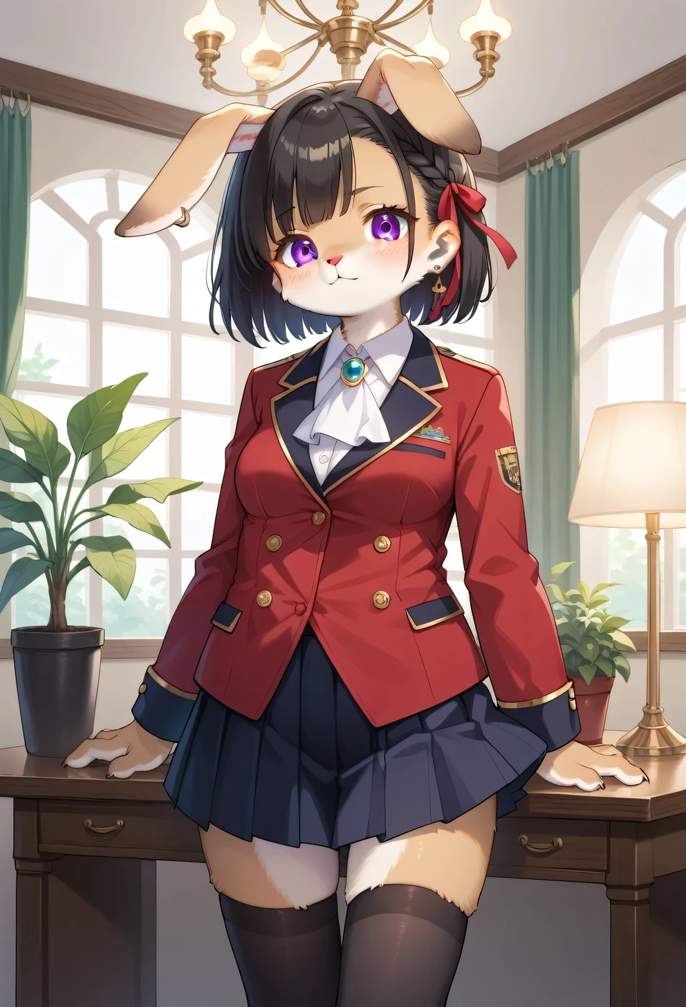 score_9, score_8_up, score_7_up, score_6_up, score_5_up, score_4_up, source_anime, best quality, amazing quality, very aesthetic, absurdres, 1girl, (furry, kemono:1.3), rabbit, thighhighs, solo, skirt, zettai ryouiki, indoors, looking at viewer, black hair, braid, jewelry, long sleeves, standing, jacket, black thighhighs, pleated skirt, blush, black skirt, breasts, ascot, closed mouth, red jacket, plant, hair ribbon, short hair, earrings, miniskirt, ribbon, red ribbon, window, table, buttons, lamp, white ascot, brooch, medium breasts, feet out of frame, potted plant, sidelocks, double-breasted, grey eyes, A detailed digital illustration of a woman in a regal red and black outfit, standing in a grand hall. The woman's gaze is focused on the viewer, with a determined expression on her face. A chandelier is hanging from the ceiling, and a large window can be seen in the background. The illustration is a vibrant and detailed, with intricate details and vibrant colors.