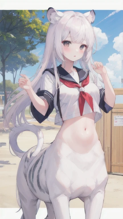 (best quality, masterpiece), 2 girls, centaur, It takes, way to school, belly button t-shirt, 아름다운 소녀 perfect white tiger photo, perfect white tiger photo