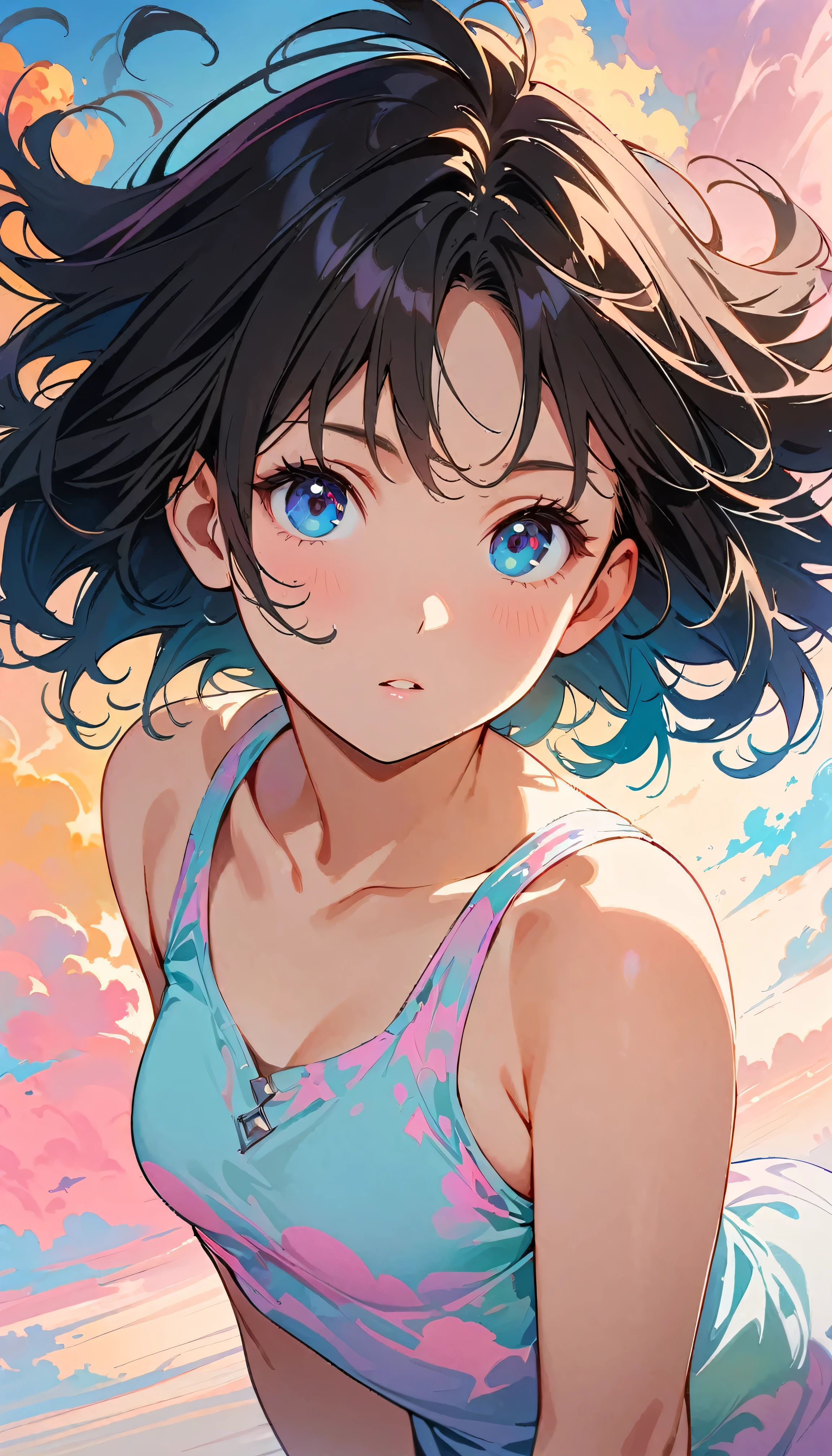 Best Quality, Very detailed, High resolution, Vibrant, masterpiece, Best Quality, Best aesthetics, One Woman, Super Fine, 8k, Very detailed, Beautiful Goddess, Pastel colored clouds, Pop Art, Delicate and dynamic, Pastel Color Fantasy, Black Hair, Official Art, Dynamic Angle, young, Small breasts