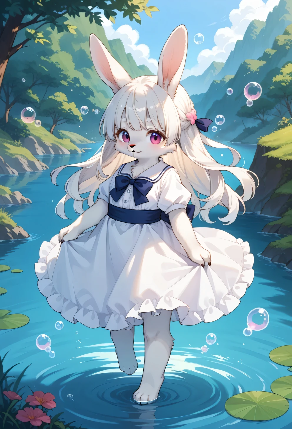 (3D,3D Art)#1 girl(3D Art:2.0,Chibi,cute,kawaii,small kid,white hair:1.6,long hair:1.6,hair is pony tail,white rabbit ear,white dress,red eyes,big eyes,skin color white,big hairbow,beachball,very cute swim wear,short skirt),#background(outdoor,at beautiful seaside:1.4),(3D Art),(from above:1.4),(white hair,white rabbit ear),draw very correct human hand