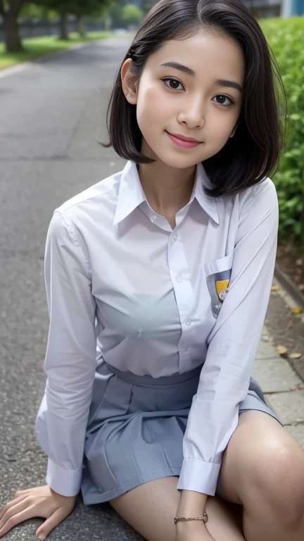 Young sweet beautiful school girl, slim body, very georgeus face, , wearing Indonesian white and grey uniform, long sleeve shirt, grey kneel long skirt, sassy girl,  wavy short hairs, siting down relax on side walk cheerful going to the school in the sunny morning, very realistic, very detail, no cartoon,  white thin panty exposed,