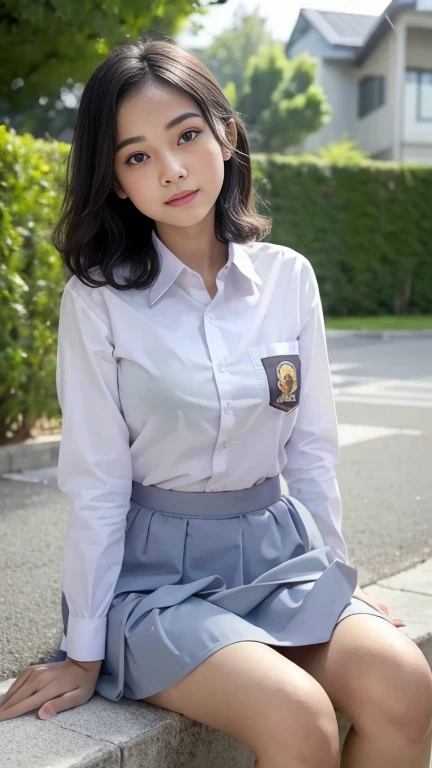 Young sweet beautiful school girl, slim body, very georgeus face, , wearing Indonesian white and grey uniform, long sleeve shirt, grey kneel long skirt, sassy girl,  wavy short hairs, siting down relax on side walk cheerful going to the school in the sunny morning, very realistic, very detail, no cartoon,  white thin panty exposed,