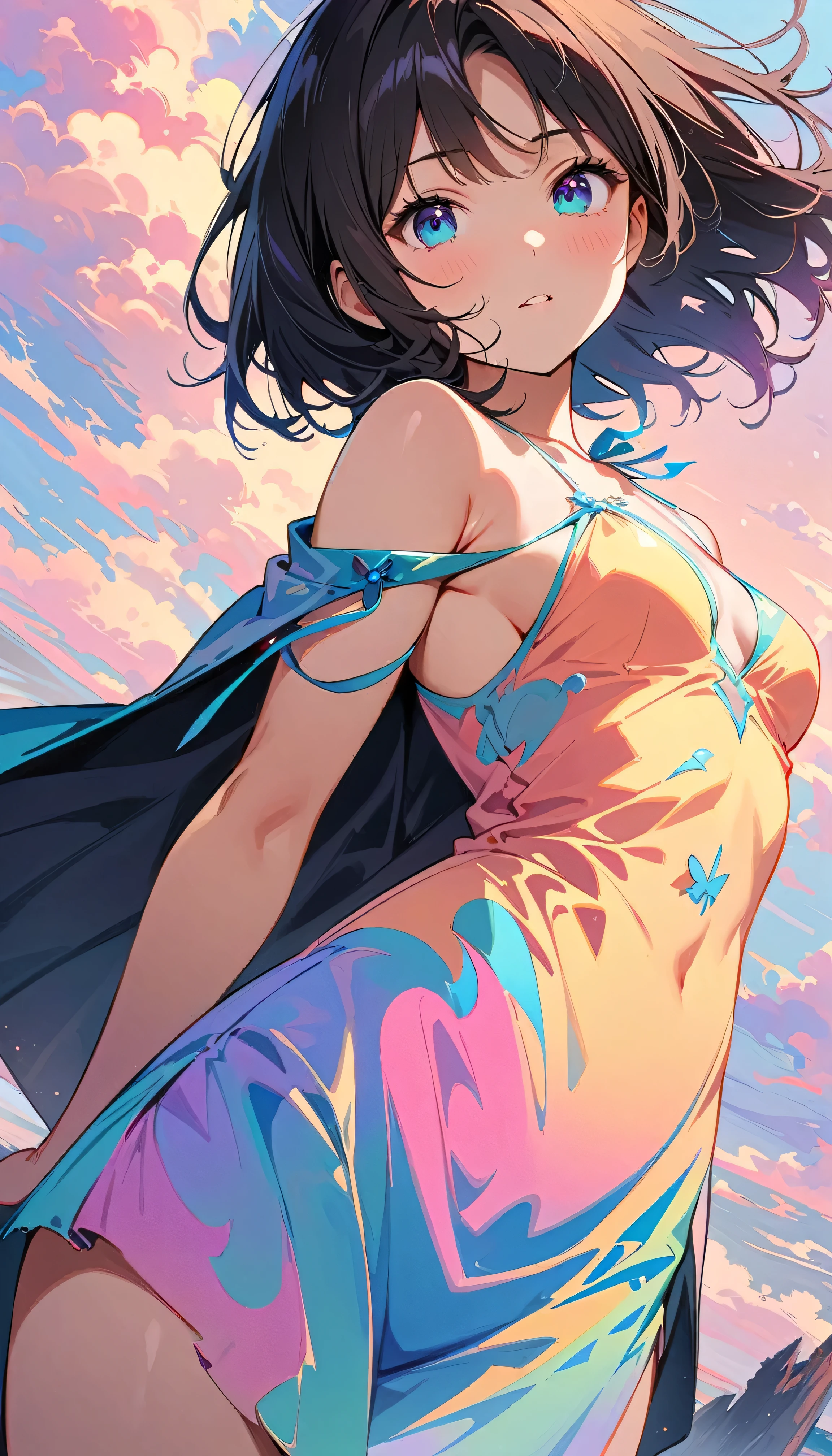 Best Quality, Very detailed, High resolution, Vibrant, masterpiece, Best Quality, Best aesthetics, One Woman, Super Fine, 8k, Very detailed, Beautiful Goddess, Pastel colored clouds, Pop Art, Delicate and dynamic, Pastel Color Fantasy, Black Hair, Official Art, Dynamic Angle, young, Small breasts