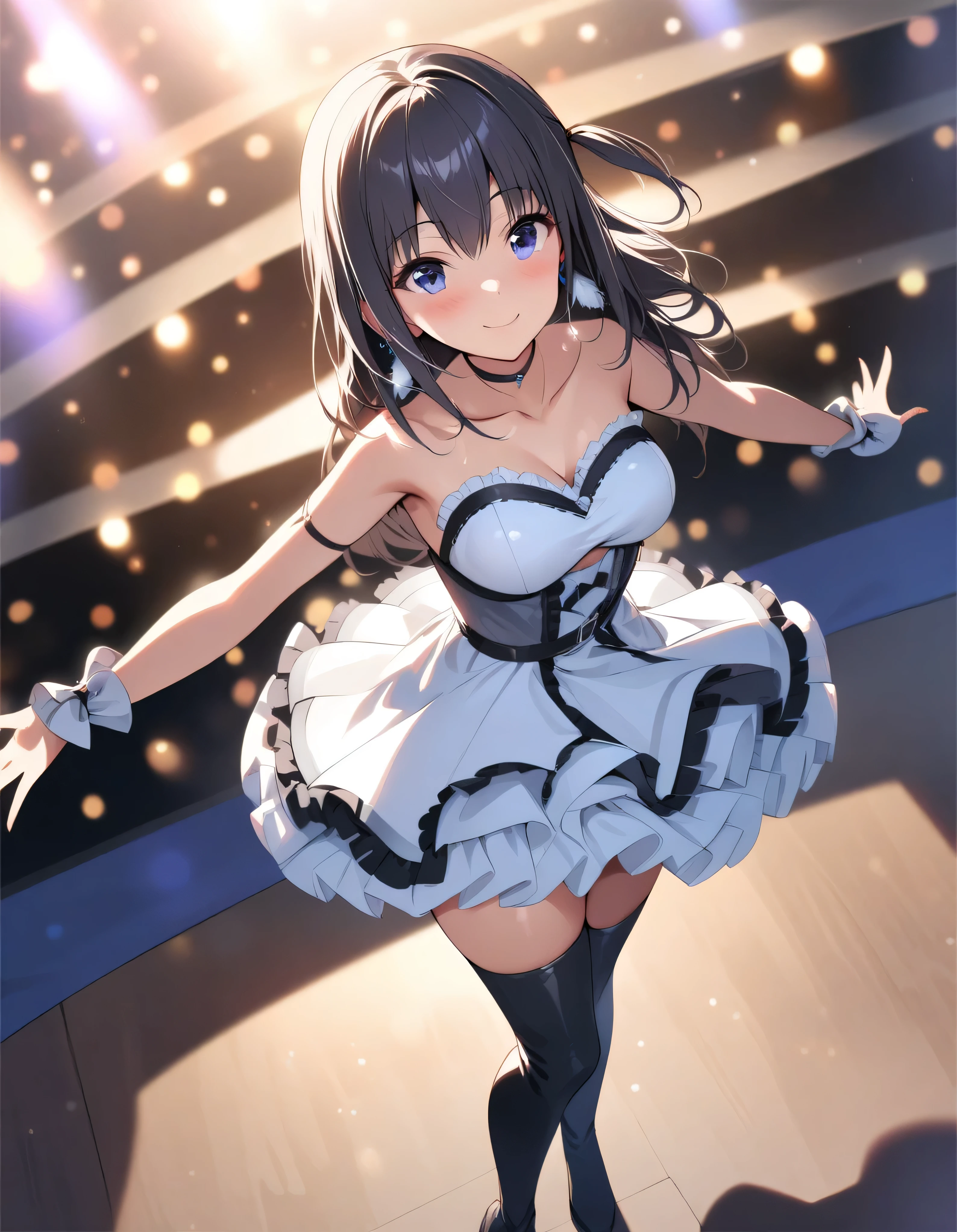 [high quality, best quality], cinematic, from above, wide shot, 1girl, solo, nagase mana, one side up, idol costume, black choker, feather earrings, thigh boots, standing, on stage, outstretched arms, singing, smile, blush, depth of field, bokeh, bloom, hdr, (masterpiece:1.2), (ultra-detail:1.2), (detailed-background:1.2), (beautiful-eyes:1.2), (best-quality:1.2)