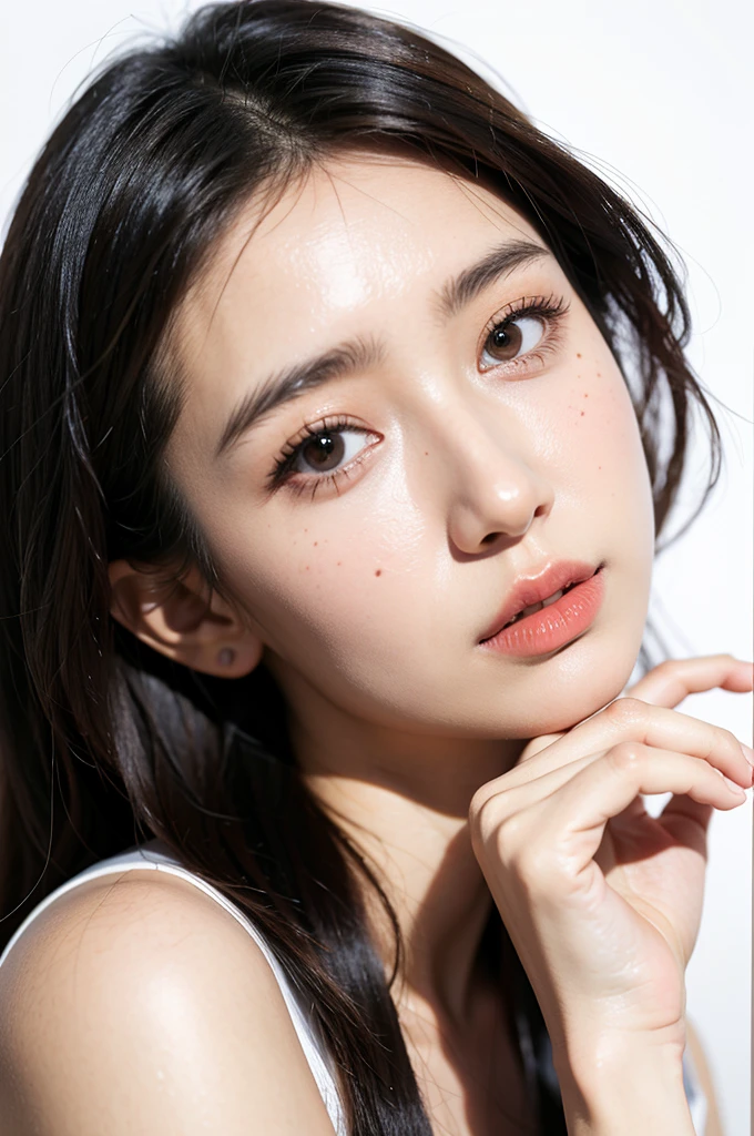 (Highest quality), (masterpiece), highly detailed, Riho was lying naked on the bed, taking my glans in her mouth with her mouth wide open and sucking it., I have oral sex with her, body, Eyes that are evenly shaped, Big eyes, Droopy eyes, A dreamy look, She holds my penis between her breasts, she does shy smile, she is blushing, Beautiful mouth, get creampied, A simple background with just a sheet,