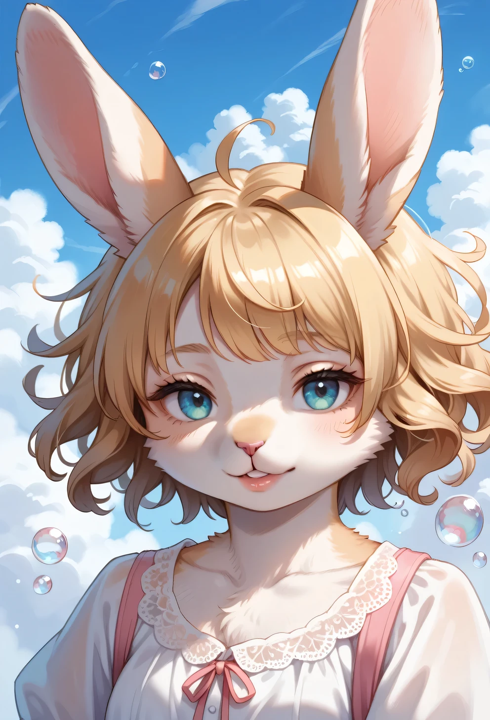 score_9, score_8_up, score_7_up, score_6_up, score_5_up, score_4_up, source_anime, best quality, amazing quality, very aesthetic, absurdres, 1girl, (furry, kemono:1.2), rabbit, solo, bubble, lips, portrait, blonde hair, looking at viewer, nose, short hair, half-closed eyes, cloud, brown hair, parted lips, photorealistic, sky, A detailed digital portrait of a woman's face, adorned with a wavy, curly hair and pink lips. The background is a deep blue, with white clouds floating in the air, creating a sense of depth and movement.