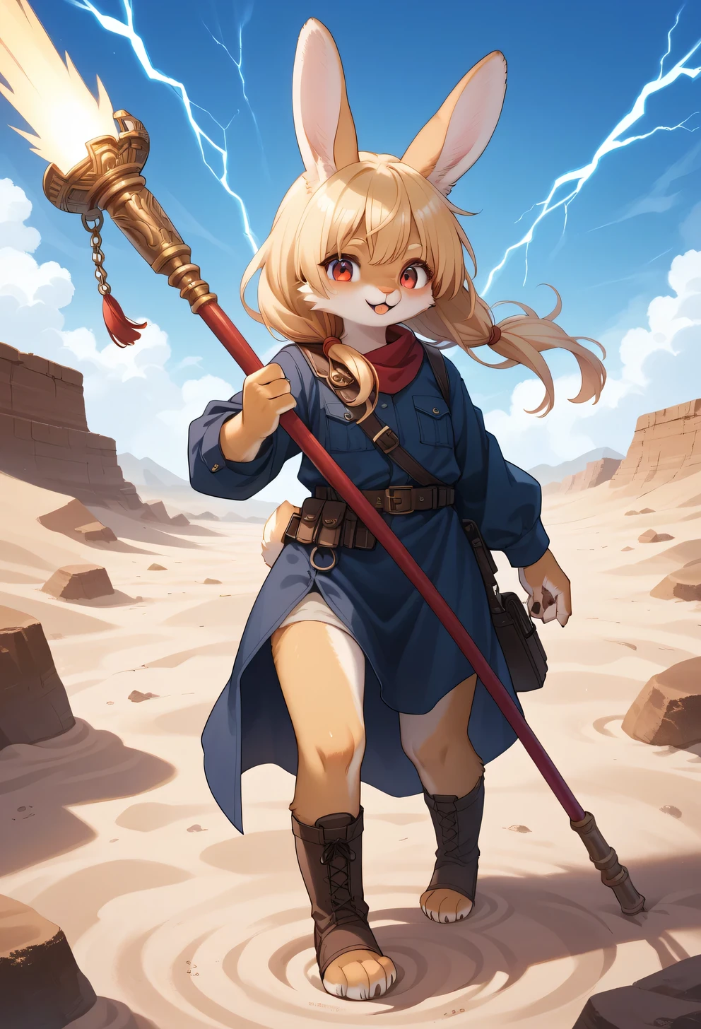 score_9, score_8_up, score_7_up, score_6_up, score_5_up, score_4_up, source_anime, best quality, amazing quality, very aesthetic, absurdres, 1girl, (furry, kemono:1.2), rabbit, In the desert wasteland, a heroine faces off against an evil emperor. The heroine holds a magical staff, surrounded by glowing lightning. The background is filled with swirling sand and strong contrasting shadows. The evil emperor wears a cold smile, creating an atmosphere of courage and tension.