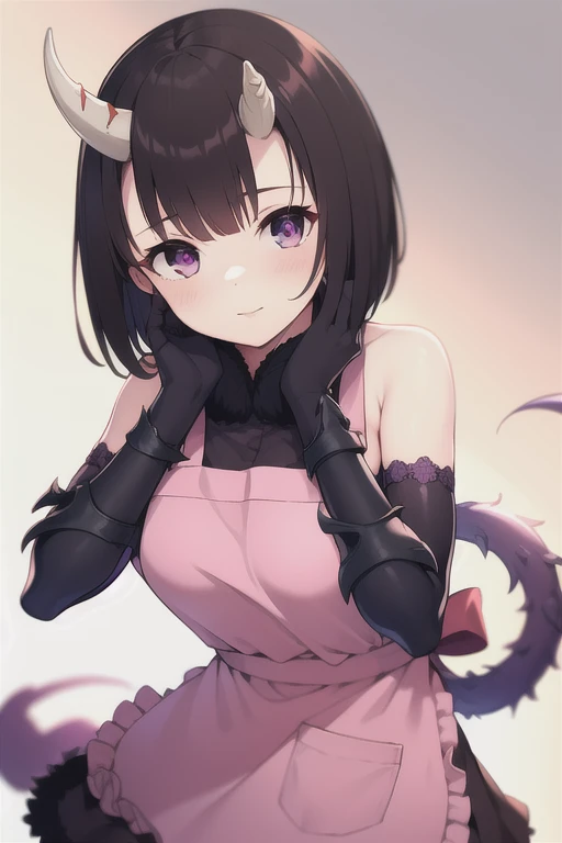 masterpiece, Best Quality, One girl, heather, Purple eyes, Brown Hair, Short bangs, Bobcut, horn, Pink Apron,, bare shoulders, Elbow rest gloves, Gauntlet, Red Skirt, Fur trim, View your viewers,coastal,2本のhorn,tail