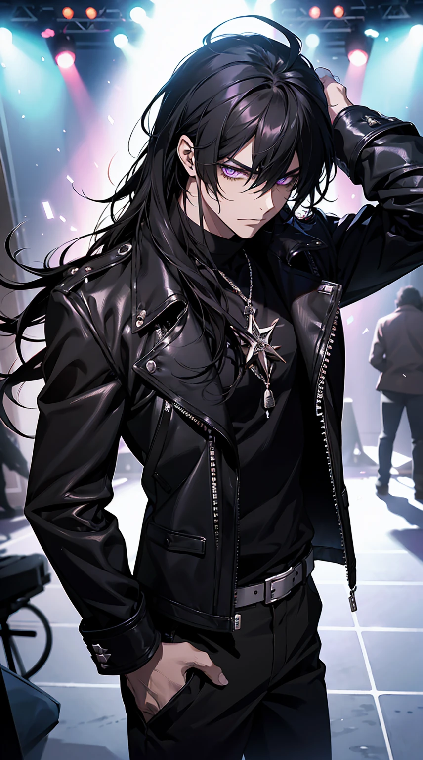  stands poised in an edgy, rockstar-inspired stage costume. His long black hair is tousled with a rebellious flair, the slightly angled bangs adding to his untamed look. His deep purple eyes glow with an intense, charismatic energy. He wears a fitted black leather jacket, decorated with silver studs and chains that glint under the backstage lights, giving off a bold and daring vibe. Beneath the jacket, a distressed black shirt with torn edges adds a rougher touch. His slim-fitting black pants are made of sleek leather, allowing for powerful movement on stage. The softly lit dressing room, illuminated by faint moonlight, casts dramatic shadows, amplifying his commanding presence, as if he’s ready to take the stage and own the spotlight with raw energy.
