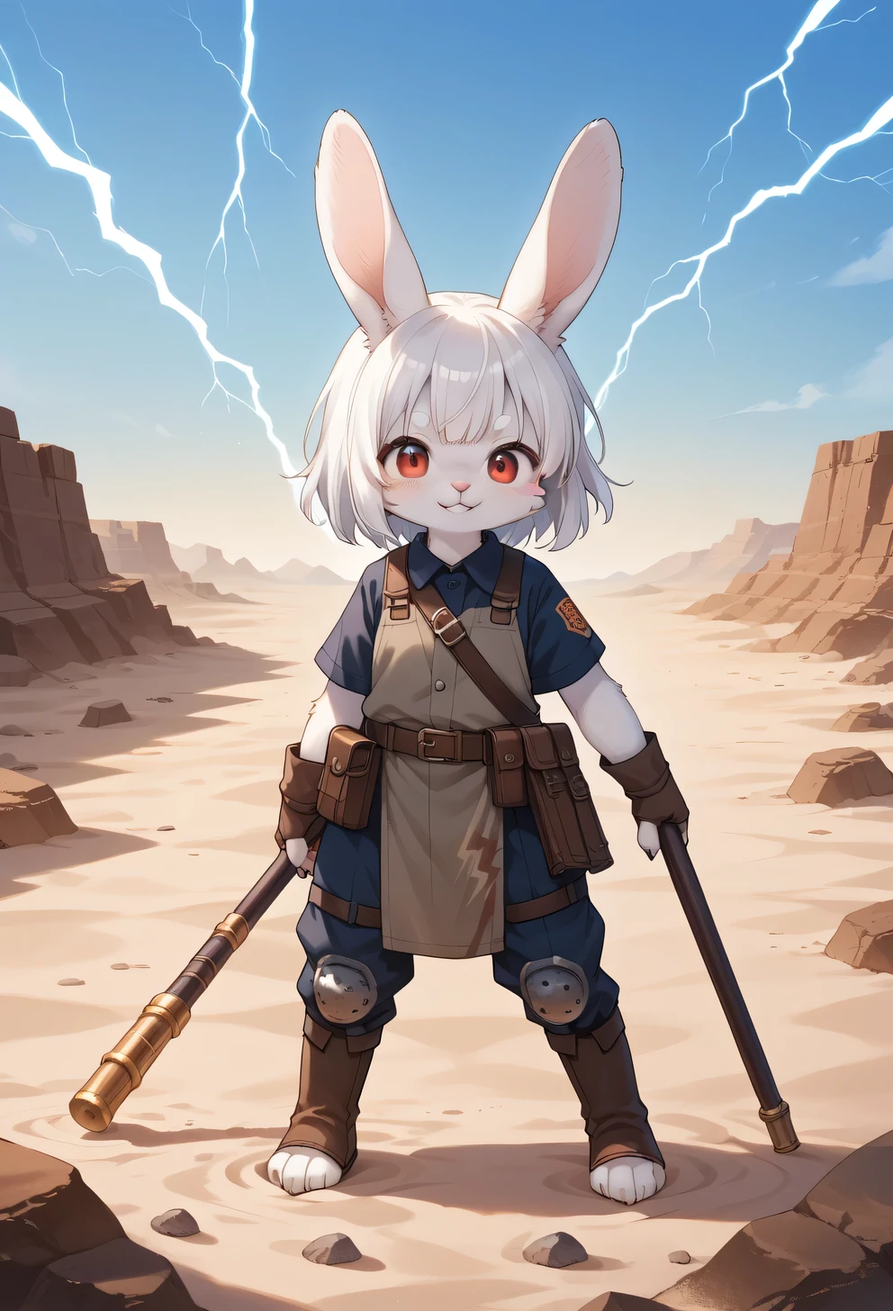 score_9, score_8_up, score_7_up, score_6_up, score_5_up, score_4_up, source_anime, best quality, amazing quality, very aesthetic, absurdres, 1girl, (furry, kemono:1.2), rabbit, In the desert wasteland, a heroine faces off against an evil emperor. The heroine holds a magical staff, surrounded by glowing lightning. The background is filled with swirling sand and strong contrasting shadows. The evil emperor wears a cold smile, creating an atmosphere of courage and tension.