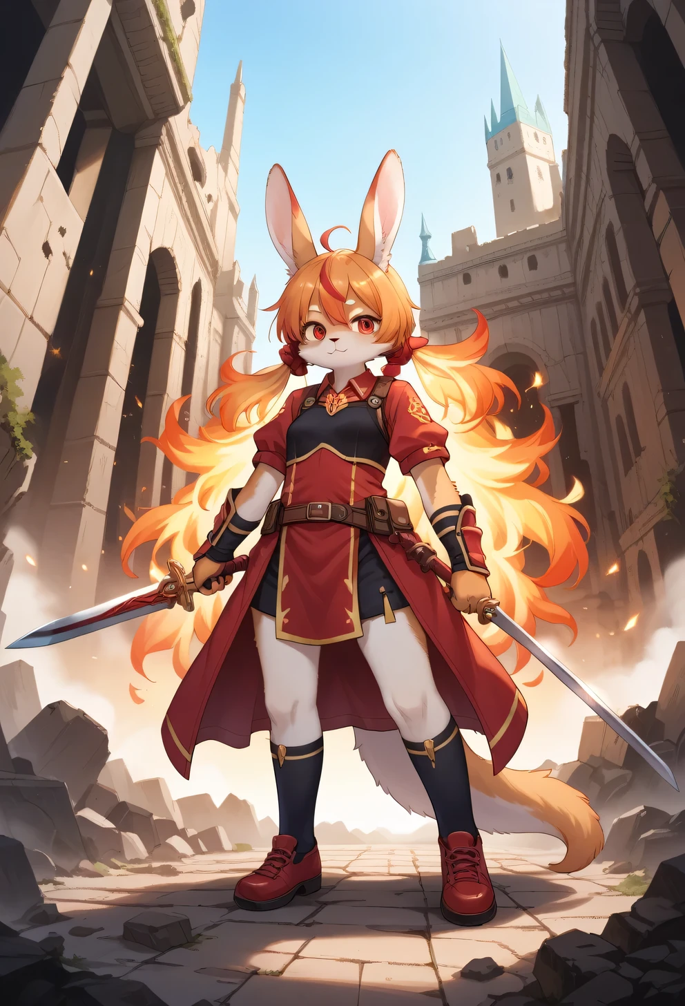 score_9, score_8_up, score_7_up, score_6_up, score_5_up, score_4_up, source_anime, best quality, amazing quality, very aesthetic, absurdres, 1girl, (furry, kemono:1.2), rabbit, In the ruins of a burned-down castle, a hero stands face to face with a giant dragon. The hero grips a shining sword, with a look of deep determination. The background is filled with rubble and shades of black and deep red. The dragon's eyes glow fiery red, creating an atmosphere of tension and despair.