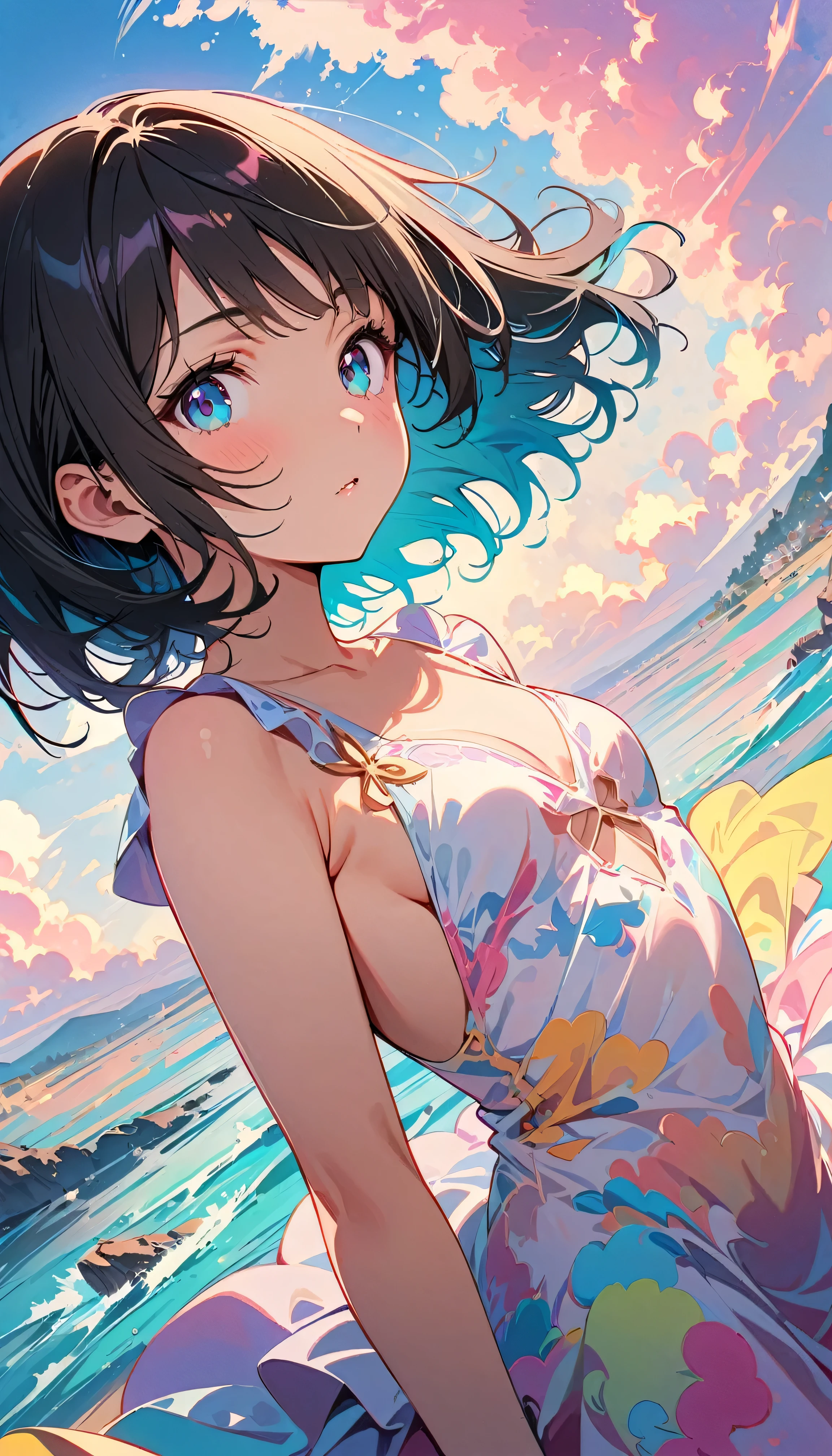 Best Quality, Very detailed, High resolution, Vibrant, masterpiece, Best Quality, Best aesthetics, One Woman, Super Fine, 8k, Very detailed, Beautiful Goddess, Pastel colored clouds, Pop Art, Delicate and dynamic, Pastel Color Fantasy, Black Hair, Official Art, Dynamic Angle, Very young, Small breasts