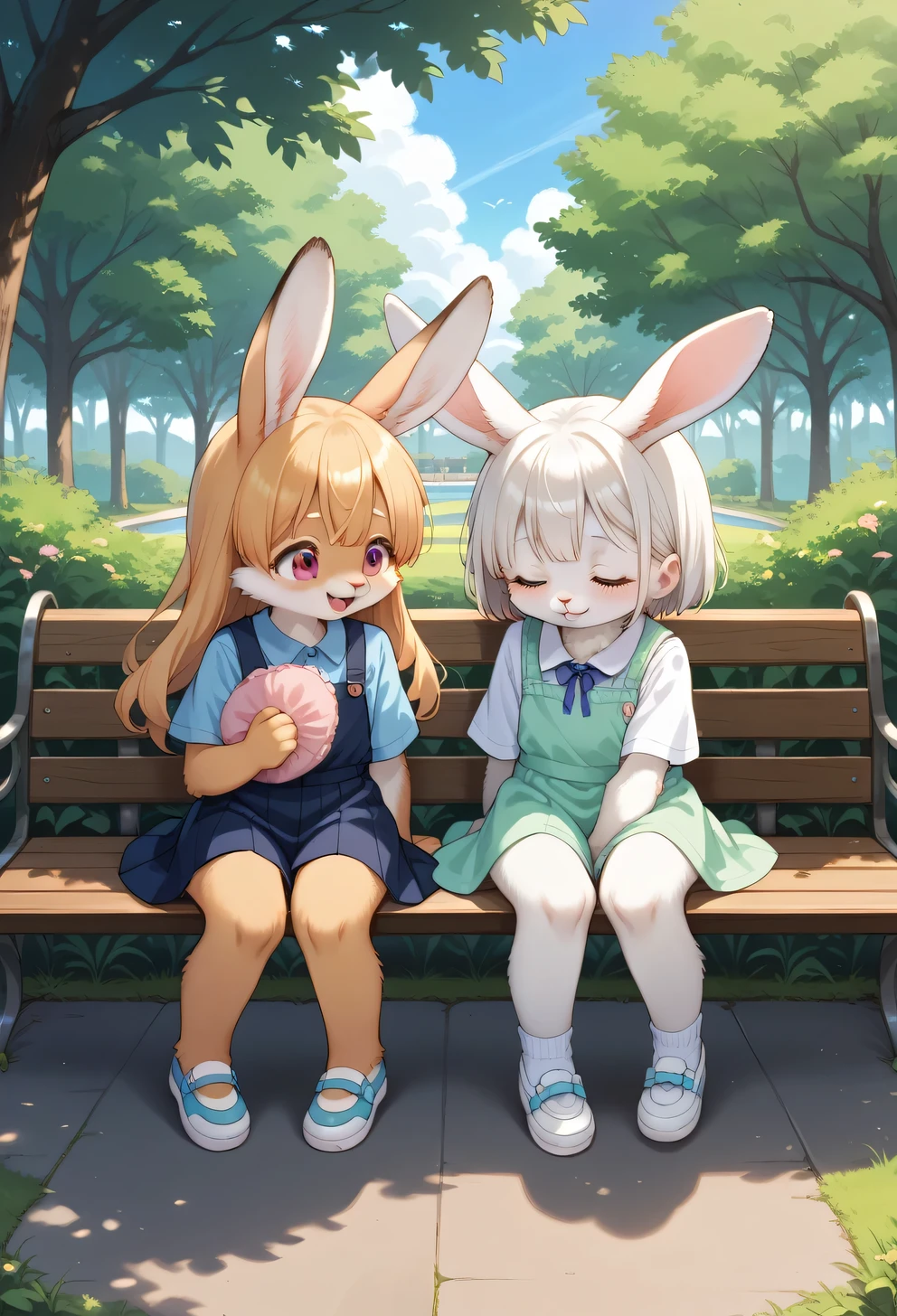 score_9, score_8_up, score_7_up, score_6_up, score_5_up, score_4_up, source_anime, best quality, amazing quality, very aesthetic, absurdres, 1girl, (furry, kemono:1.2), rabbit, In a park, children are having a gentle pillow fight on a bench. They are laughing and throwing cushions at each other, having a great time. The background features benches and trees, with a lush green park extending around them. Soft sunlight envelops the children, creating a peaceful and joyful atmosphere.