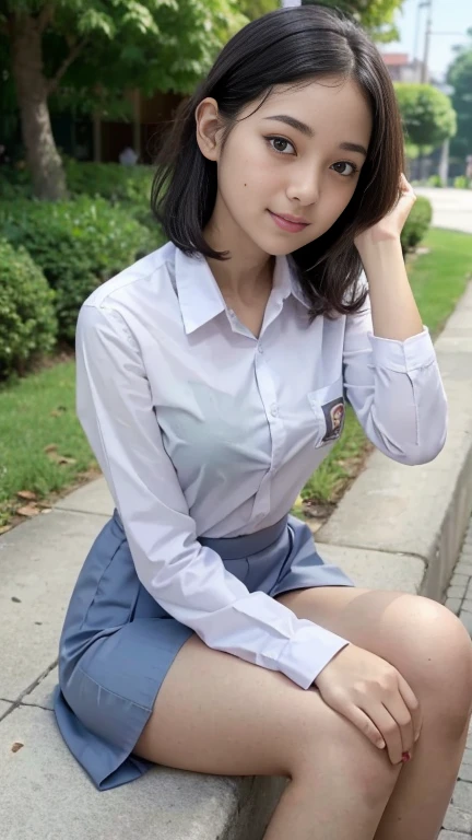 Young sweet beautiful school girl, slim body, very georgeus face, , wearing Indonesian white and grey uniform, long sleeve shirt, grey kneel long skirt, sassy girl,  wavy short hairs, siting down relax on side walk cheerful going to the school in the sunny morning, very realistic, very detail, no cartoon,  white thin panty exposed,