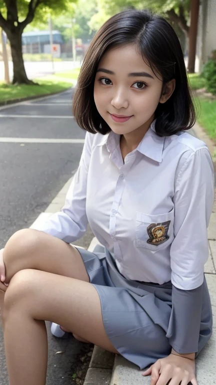 Young sweet beautiful school girl, slim body, very georgeus face, , wearing Indonesian white and grey uniform, long sleeve shirt, grey kneel long skirt, sassy girl,  wavy short hairs, siting down relax on side walk cheerful going to the school in the sunny morning, very realistic, very detail, no cartoon,  white thin panty exposed,