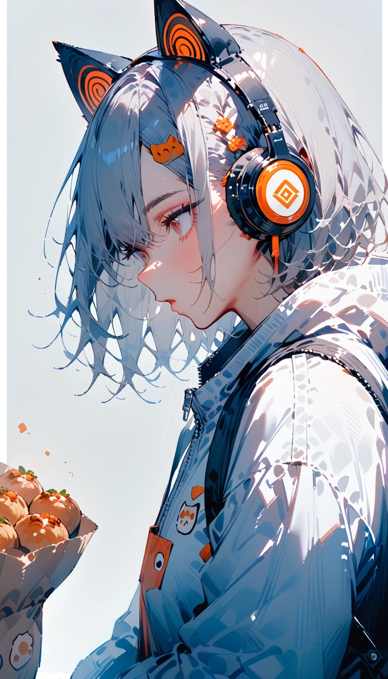 masterpiece, Best Quality, so beautiful, Absurd, Latest, One Girl, Alone, Browse your viewers, , short hair, bangs, Simple Background, Hair Accessories, White background, Animal ears, Hair between the eyes, Mouth closed, jacket, Upper Body, Gray Hair, cat ears, food, bag, From the side, Animal earsの毛, Look to the side, fake Animal ears, Headphones, white jacket, Backpacks, food down, fooded jacket, zipper, animal ear Headphones