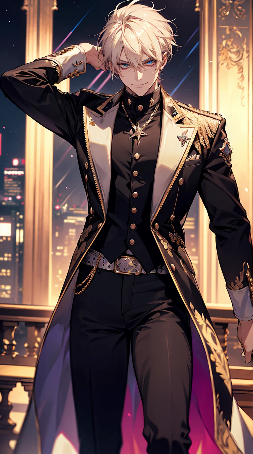 A refined young man stands confidently on the balcony of a grand mansion. His platinum blond hair sways wildly in the night breeze, while the neon lights from the city below cast a vibrant glow on his striking features. His sharp eyes sparkle with rebellious energy, and his bold grin reveals an untamed charisma. Dressed in a studded leather jacket, ripped jeans, and flashy accessories, he exudes the aura of a rockstar about to take the stage. Behind him, the lavish furnishings of a classic, yet edgy interior reflect his daring style, like a leader destined to ignite the passion of those around him.
