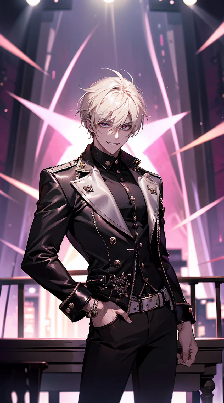 A refined young man stands confidently on the balcony of a grand mansion. His platinum blond hair sways wildly in the night breeze, while the neon lights from the city below cast a vibrant glow on his striking features. His sharp eyes sparkle with rebellious energy, and his bold grin reveals an untamed charisma. Dressed in a studded leather jacket, ripped jeans, and flashy accessories, he exudes the aura of a rockstar about to take the stage. Behind him, the lavish furnishings of a classic, yet edgy interior reflect his daring style, like a leader destined to ignite the passion of those around him.
