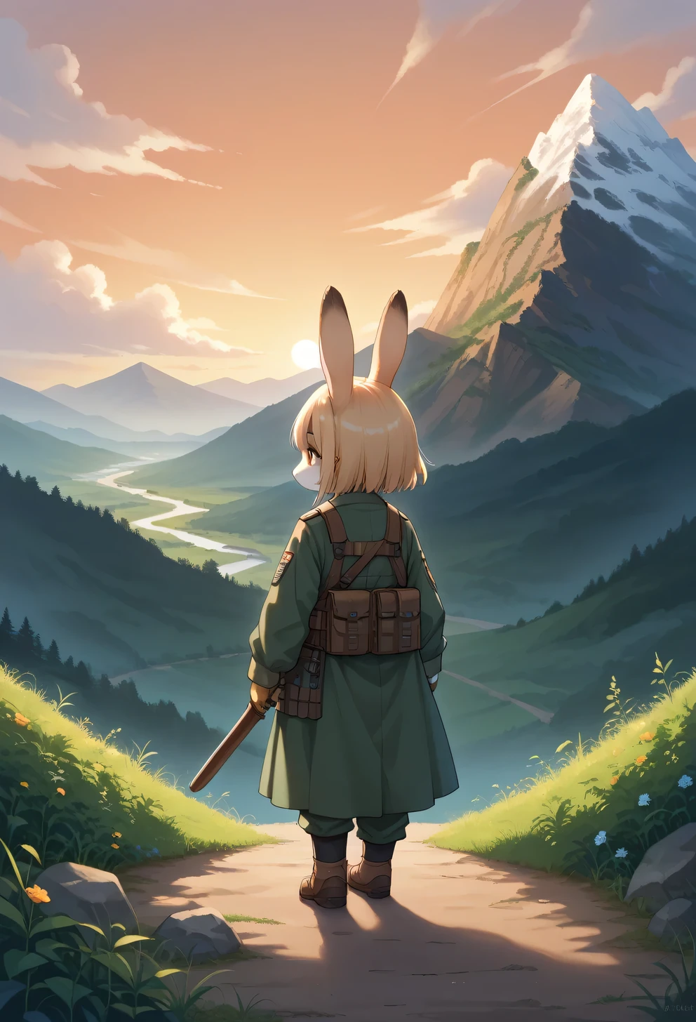 score_9, score_8_up, score_7_up, score_6_up, score_5_up, score_4_up, source_anime, best quality, amazing quality, very aesthetic, absurdres, 1girl, (furry, kemono:1.2), rabbit, In the sunrise-lit wilderness, a silhouette of a soldier stands at attention, saluting. The soldier stands straight, with mountains and an orange sky in the background. Backlighting illuminates the soldier's outline, creating an atmosphere of respect and tranquility.