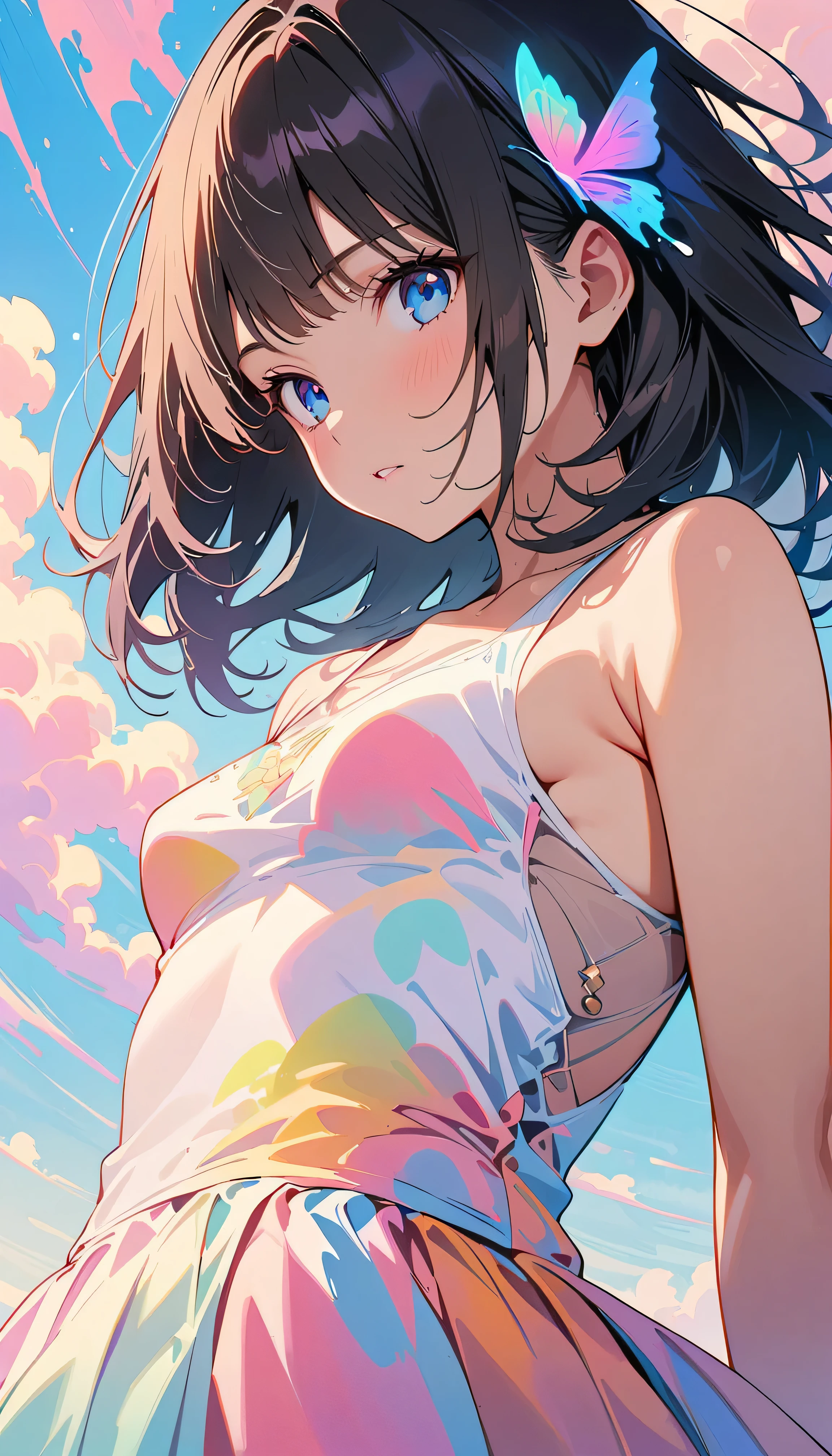 Best Quality, Very detailed, High resolution, Vibrant, masterpiece, Best Quality, Best aesthetics, One Woman, Super Fine, 8k, Very detailed, Beautiful Goddess, Pastel colored clouds, Pop Art, Delicate and dynamic, Pastel Color Fantasy, Black Hair, Official Art, Dynamic Angle, Very young, Small breasts