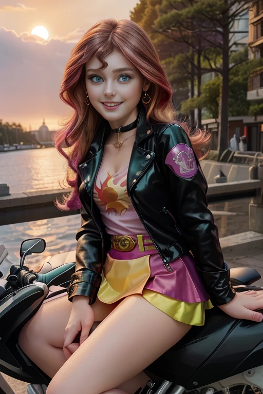 (masterpiece, The best quality:1.2), Alone, 1 girl , beautiful teenager europea , caucasian , brillo Mlp, nice smile , make-up  , looking at the viewer, pequeña black jacket , Sunset glow , Mlp , 18 years old , beautiful teenager , Teenage Model , turquoise eyes , inside, dusk , Park , foto de full body  , happy , nice smile , She is wearing a pink shirt , black jacket , orange skirt with purple stripes, boots with heels , sitting on a motorcycle , She has earrings with a sun shape  , full body 