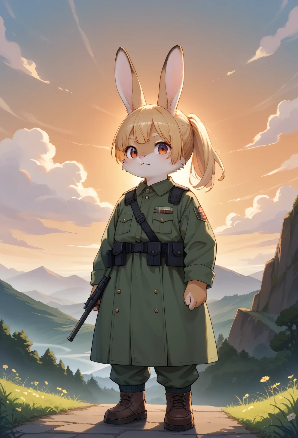 score_9, score_8_up, score_7_up, score_6_up, score_5_up, score_4_up, source_anime, best quality, amazing quality, very aesthetic, absurdres, 1girl, (furry, kemono:1.2), rabbit, In the sunrise-lit wilderness, a silhouette of a soldier stands at attention, saluting. The soldier stands straight, with mountains and an orange sky in the background. Backlighting illuminates the soldier's outline, creating an atmosphere of respect and tranquility.