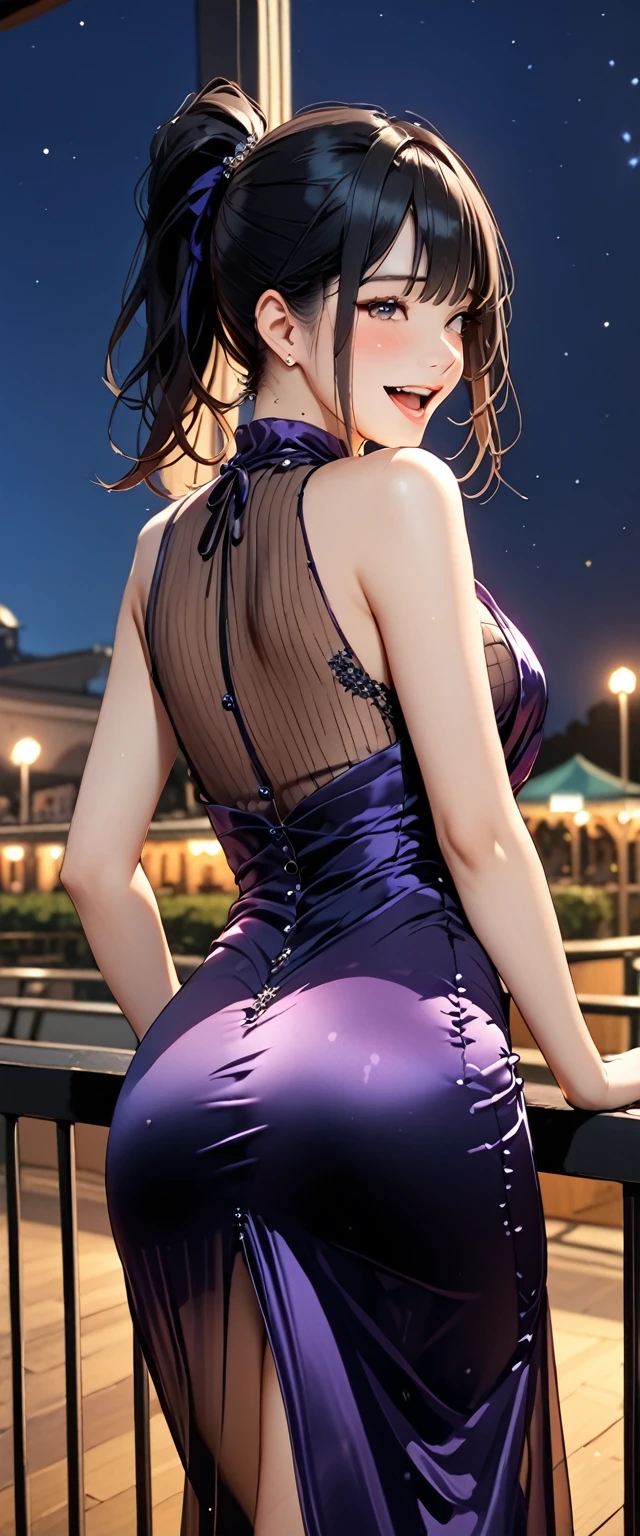 woman,20 years old,, venue,night,(((sexy silk dress))),,Laughing with your mouth open((Beautiful ponytail)),((Black Hair)),、,((())),(See-through)Show your butt