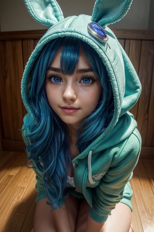 (best quality: 1.2), (high resolution, 4k, 8k), (masterpiece: 1.2), ultra detailed, (realistic, photorealistic: 1.37), yoshino astral dress, (long hair, hair between the eyes, blue hair ), mischievous and cheeky face, cinematic lighting, (big and beautiful blue eyes, bright and realistic), visible features, natural cheek, fair skin, soft lips, smile, teeth, (detailed face with perfect symmetry), facial and texture highly detailed skin, medium breasts, glowing skin, perfect anatomy, perfectly shaded body, animal hoodie, green coat, hood up, rabbit hood, knees on the floor, open top, full photo below