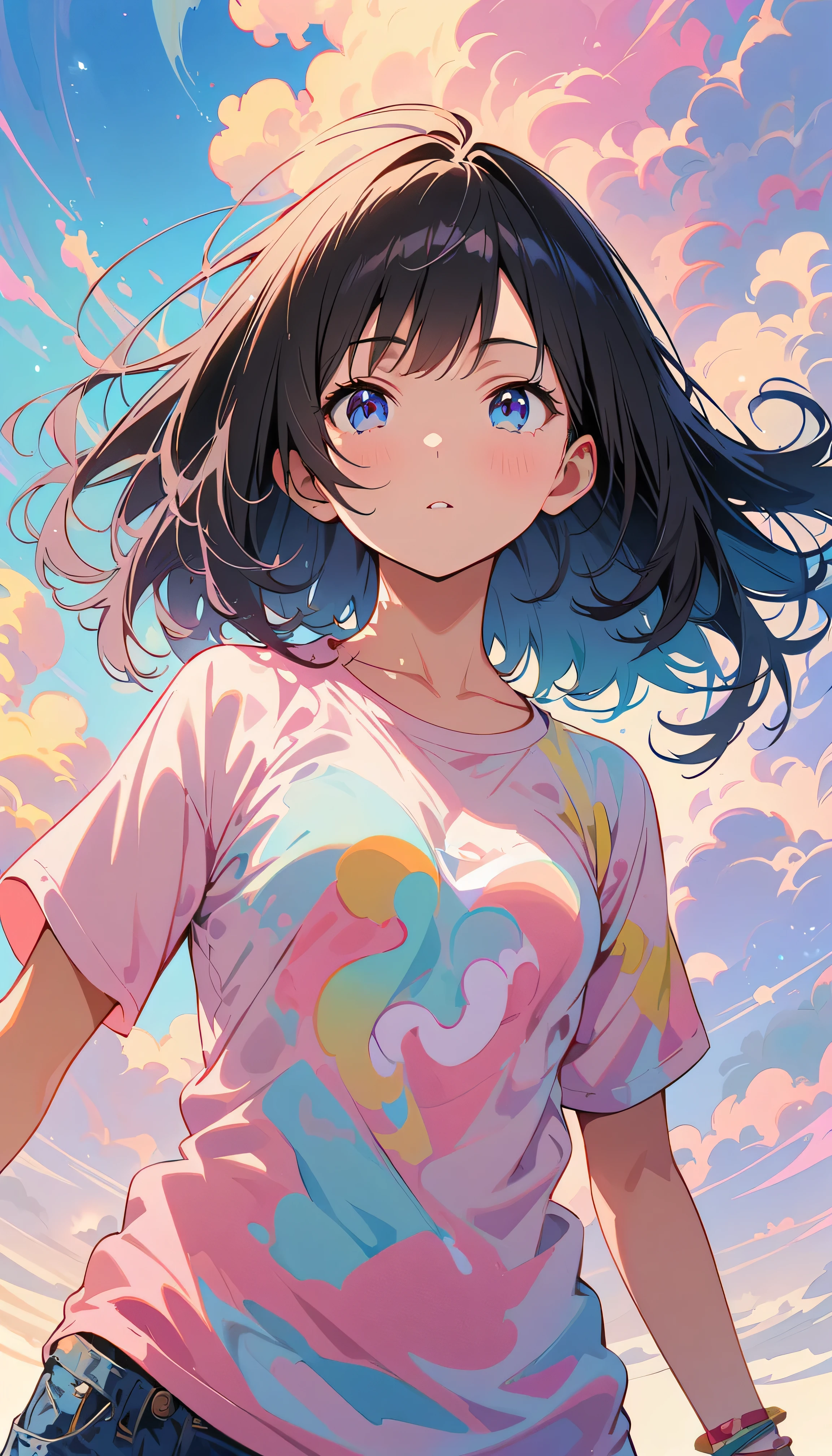 Best Quality, Very detailed, High resolution, Vibrant, masterpiece, Best Quality, Best aesthetics, One Woman, Super Fine, 8k, Very detailed, Beautiful Goddess, Pastel colored clouds, Pop Art, Delicate and dynamic, Pastel Color Fantasy, Black Hair, Official Art, Dynamic Angle, Very young, Small breasts