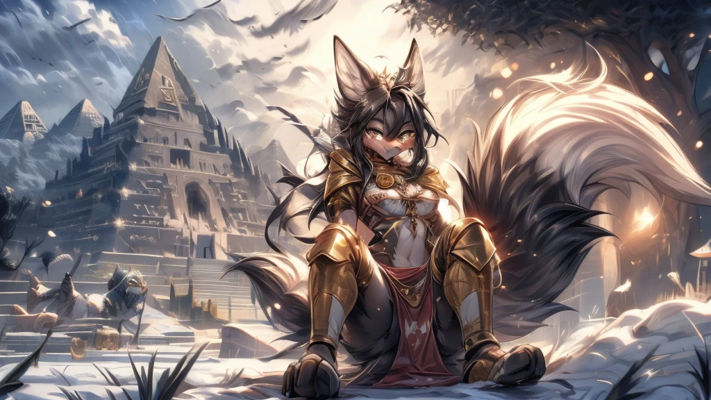 The best quality, Egyptian **** jackal black girl body, Egyptian clothing , fox face elongated snout add-Detail, surprised face,  jackal warrior in the snow add_Detail:1, add barefoot_Detail:1 mystical aura, On my knees in the snow, pyramids in the background, golden armor on the body 