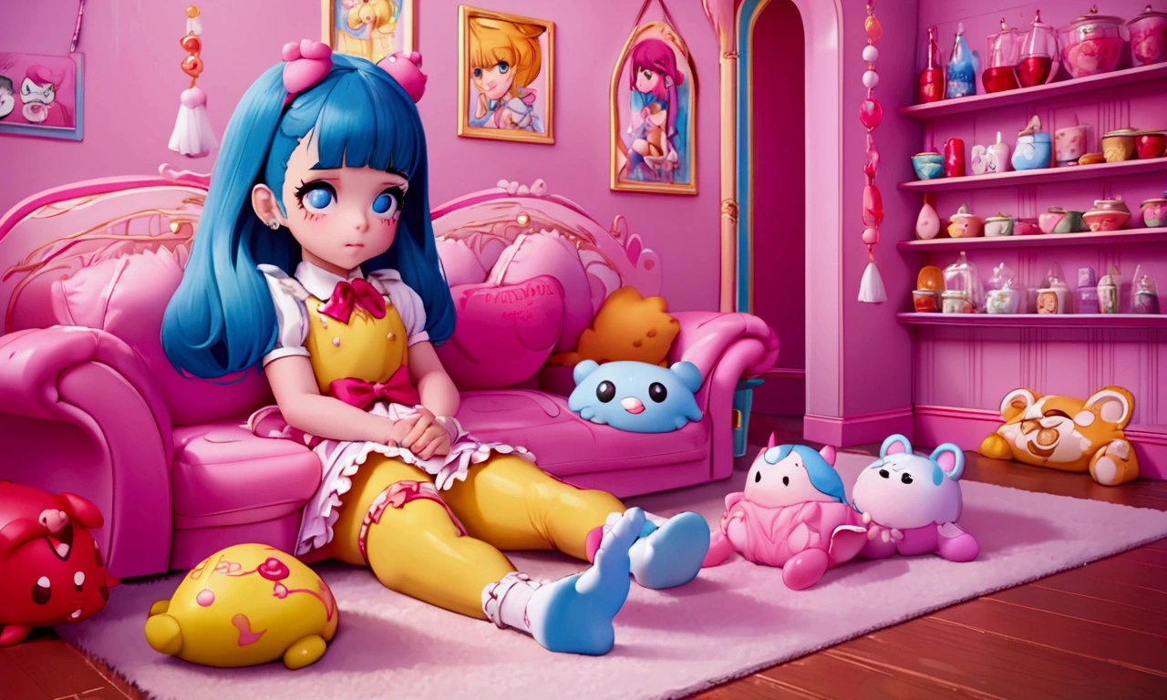 The image shows a beautiful doll sitting in the middle of a pink and light blue bed in a little girl's room filled with toys and children's books. The doll has curly hair, big brown eyes, and a big smile on her face, giving a sense of joy and happiness. The room is brightly lit with natural sunlight, highlighting the colors and bringing out the vibrancy of the toys and books. The pink and light blue colors are used throughout the room, including the bedspread, curtains, and walls, creating a cohesive and cheerful atmosphere. The main focus of the image is on the doll, showing off her intricate features and attention to detail, while the setting adds context and enhances the overall appearance. --auto --s2